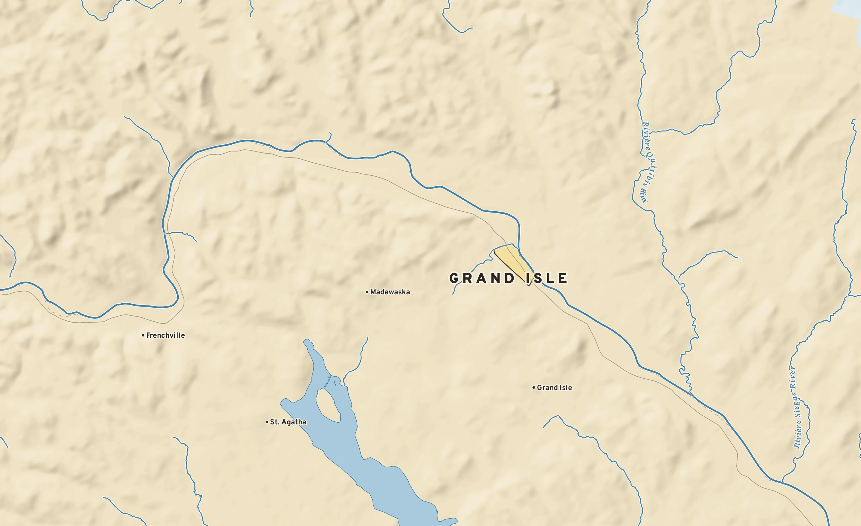 Shaded-relief atlas plate of Grand Isle, Maine: rivers, roads, the city limits and where the water drains.
