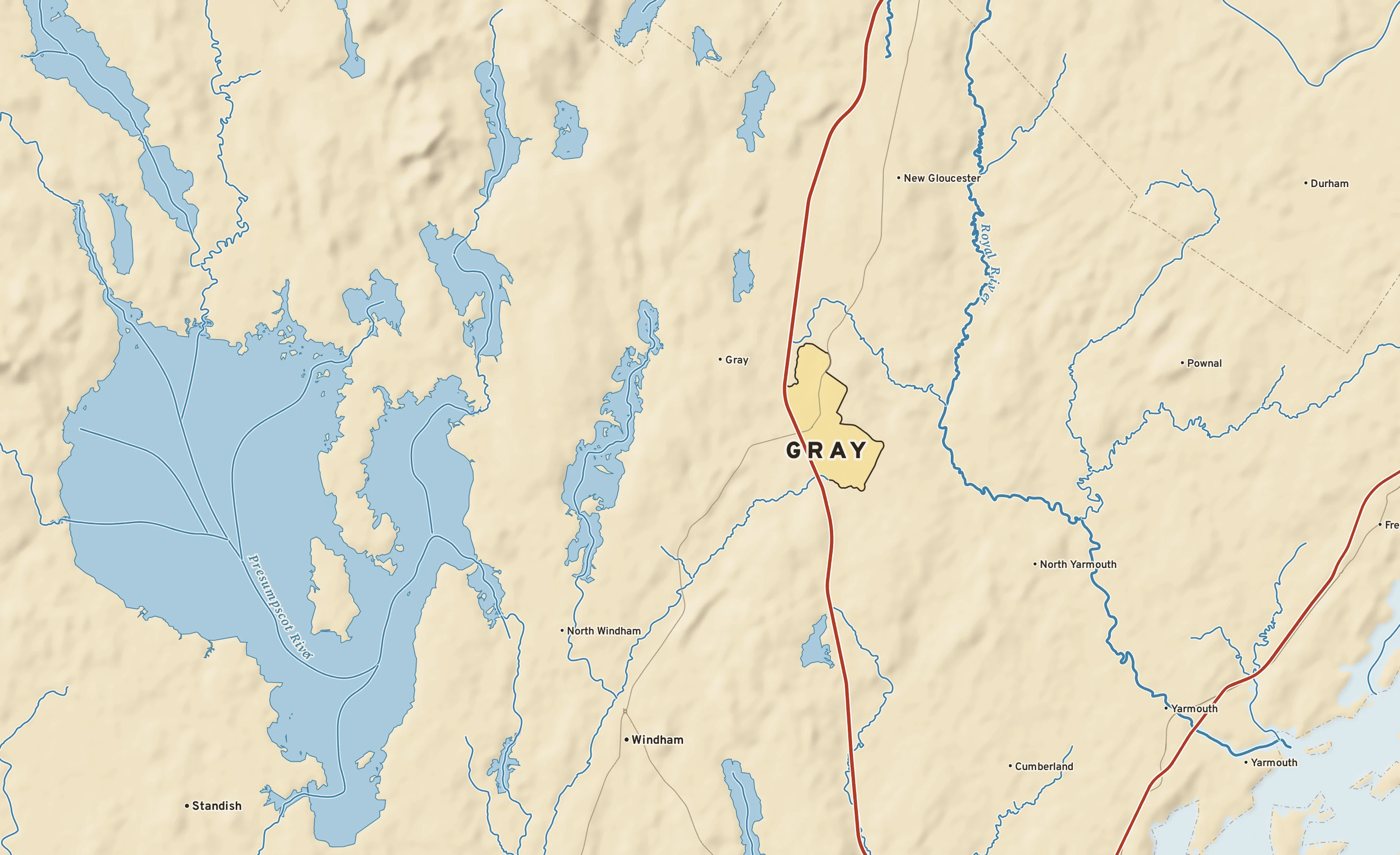 Shaded-relief atlas plate of Gray, Maine: rivers, roads, the city limits and where the water drains.