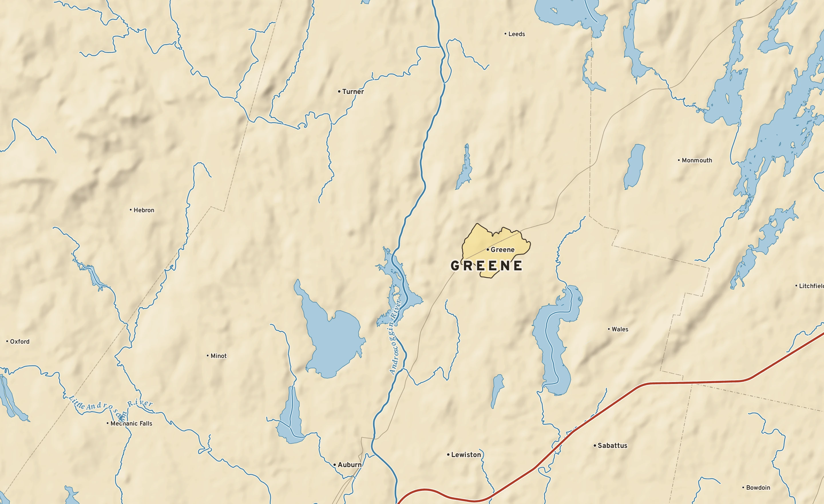 Shaded-relief atlas plate of Greene, Maine: rivers, roads, the city limits and where the water drains.