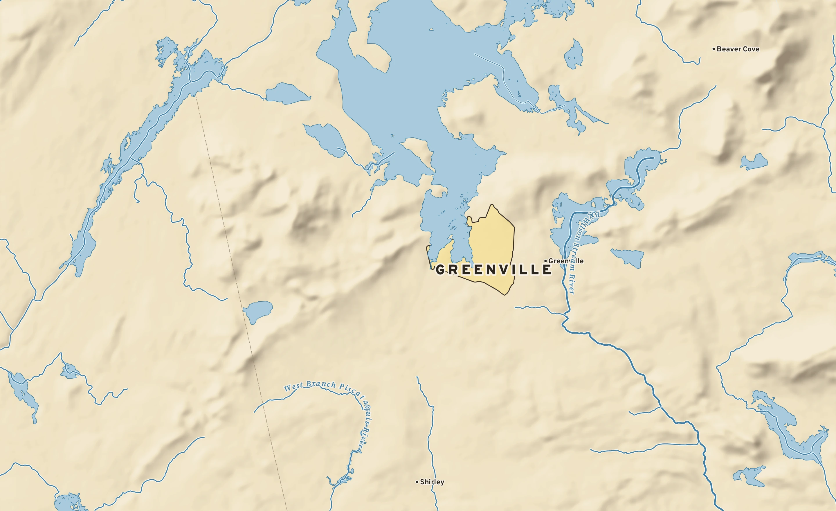 Shaded-relief atlas plate of Greenville, Maine: rivers, roads, the city limits and where the water drains.