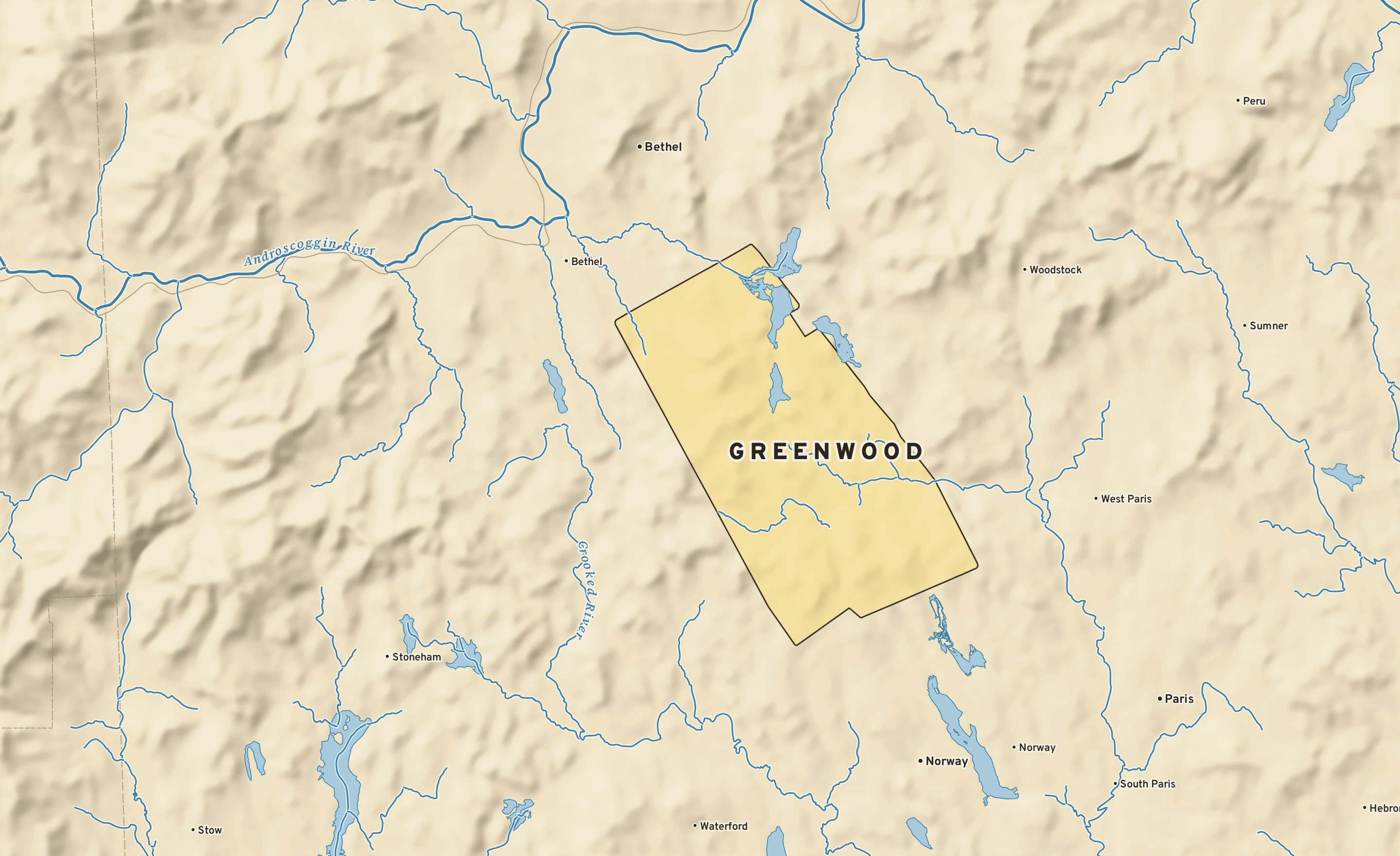 Shaded-relief atlas plate of Greenwood, Maine: rivers, roads, the city limits and where the water drains.