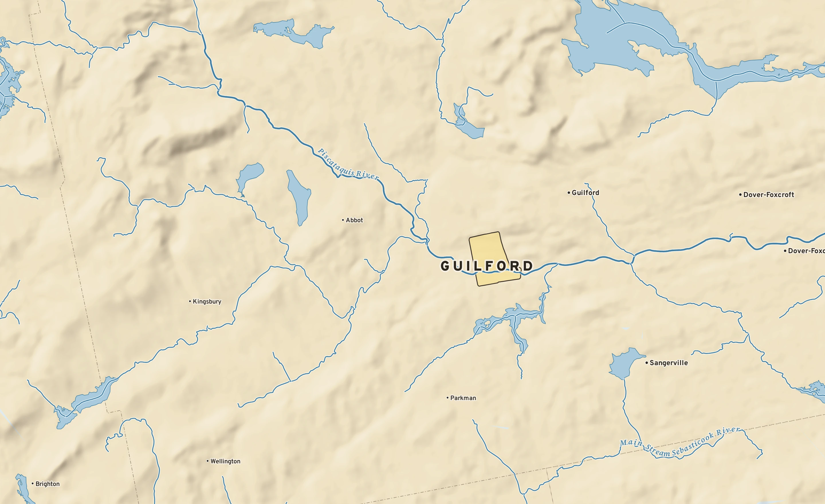 Shaded-relief atlas plate of Guilford, Maine: rivers, roads, the city limits and where the water drains.