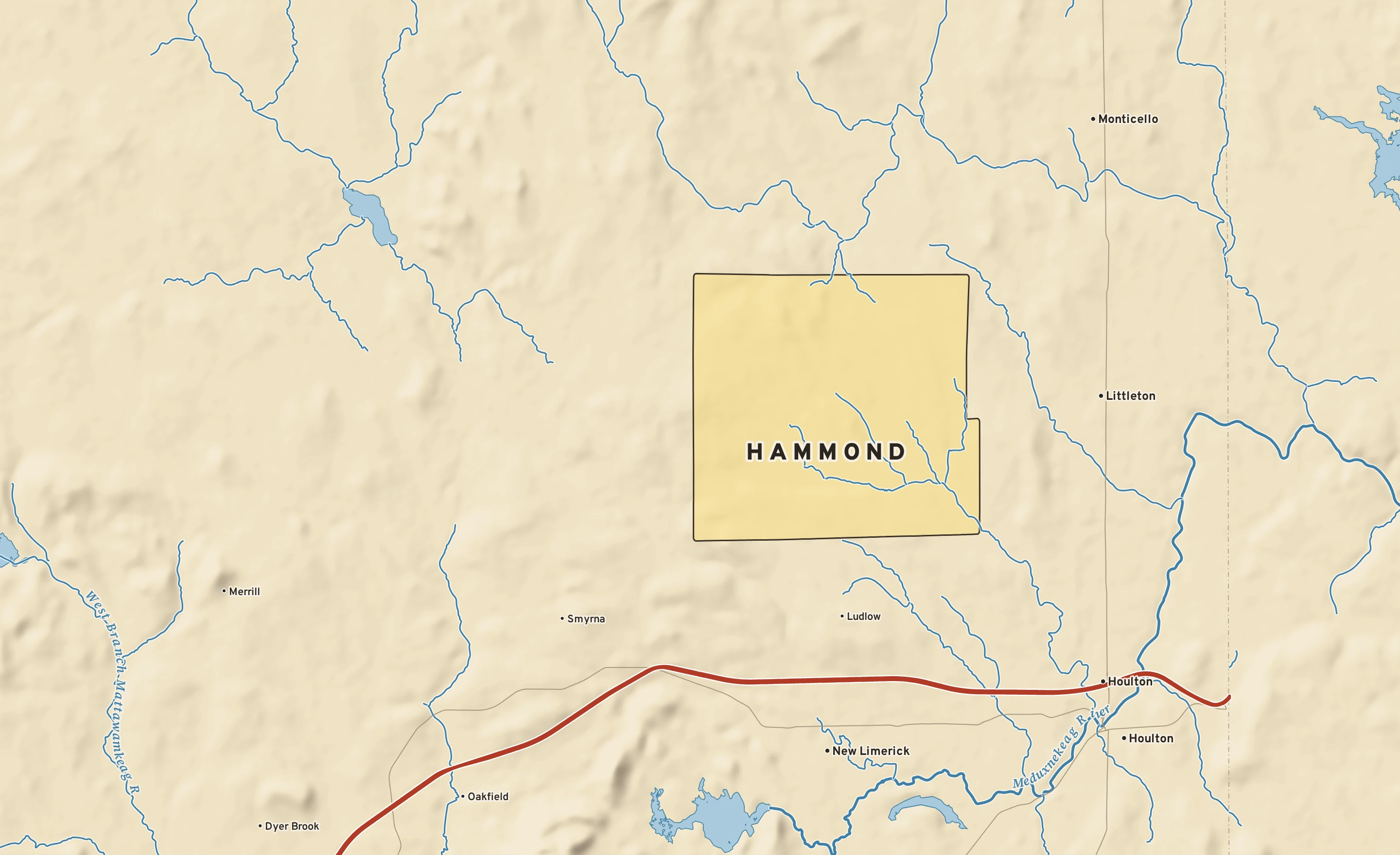 Shaded-relief atlas plate of Hammond, Maine: rivers, roads, the city limits and where the water drains.