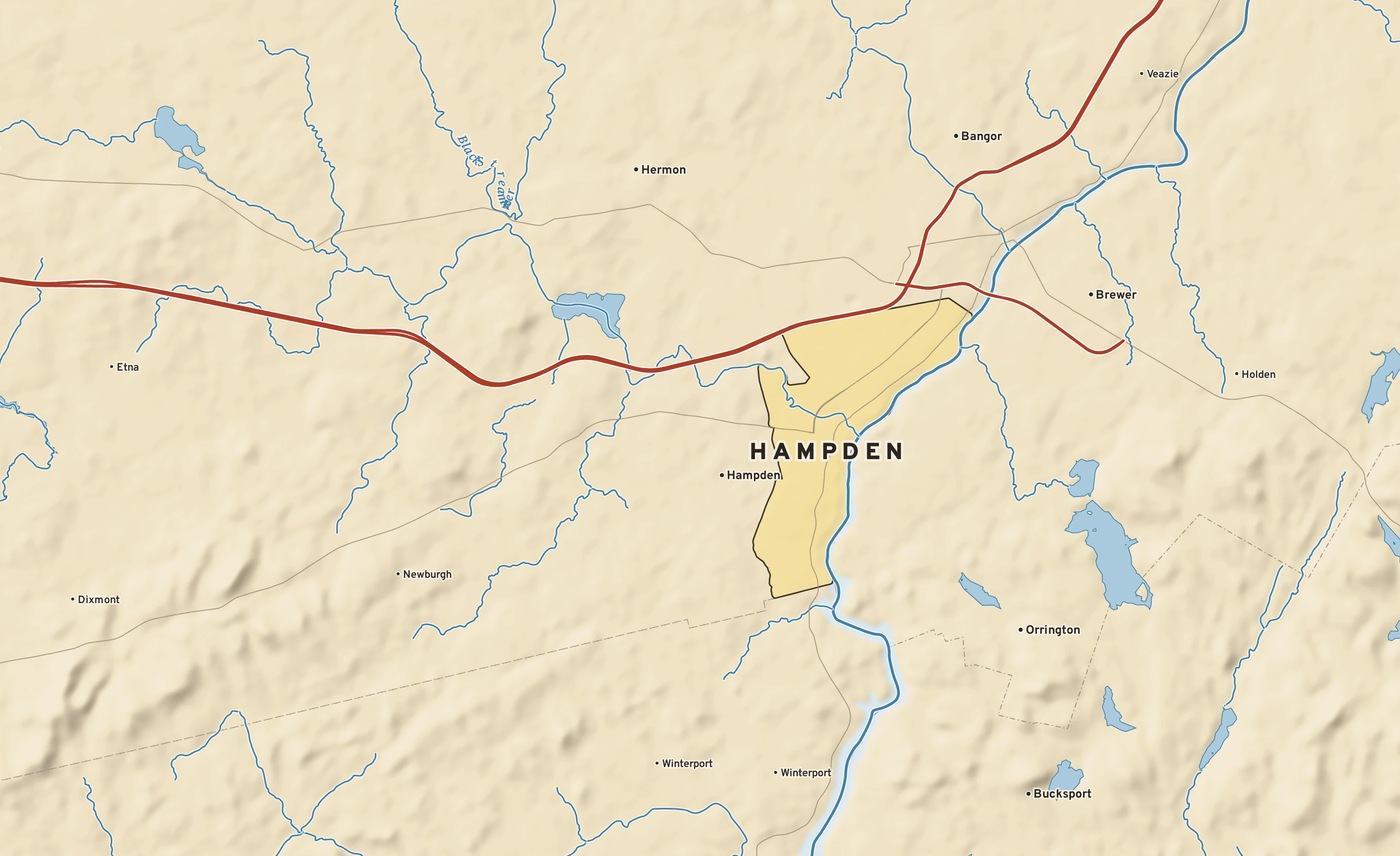 Shaded-relief atlas plate of Hampden, Maine: rivers, roads, the city limits and where the water drains.