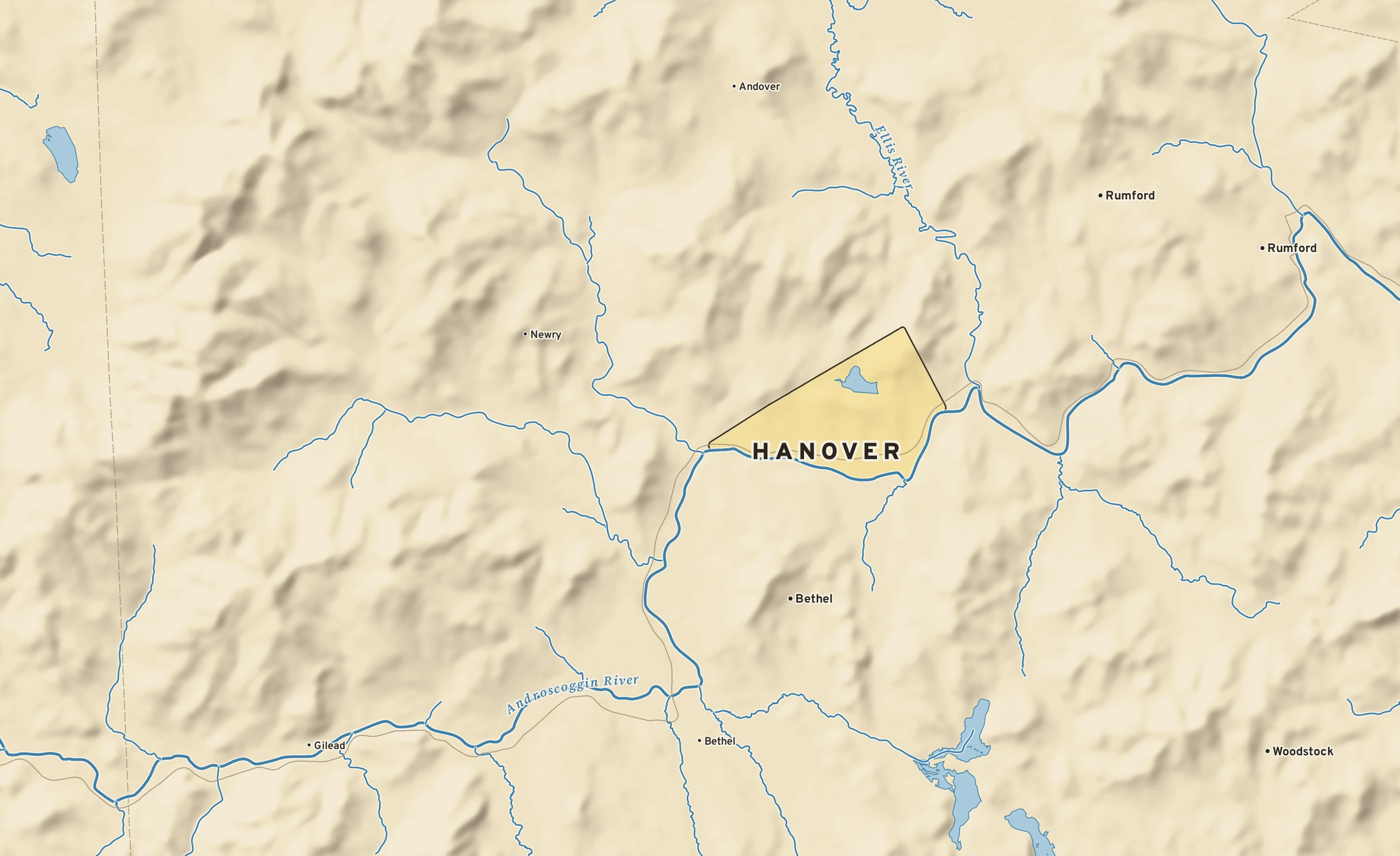 Shaded-relief atlas plate of Hanover, Maine: rivers, roads, the city limits and where the water drains.