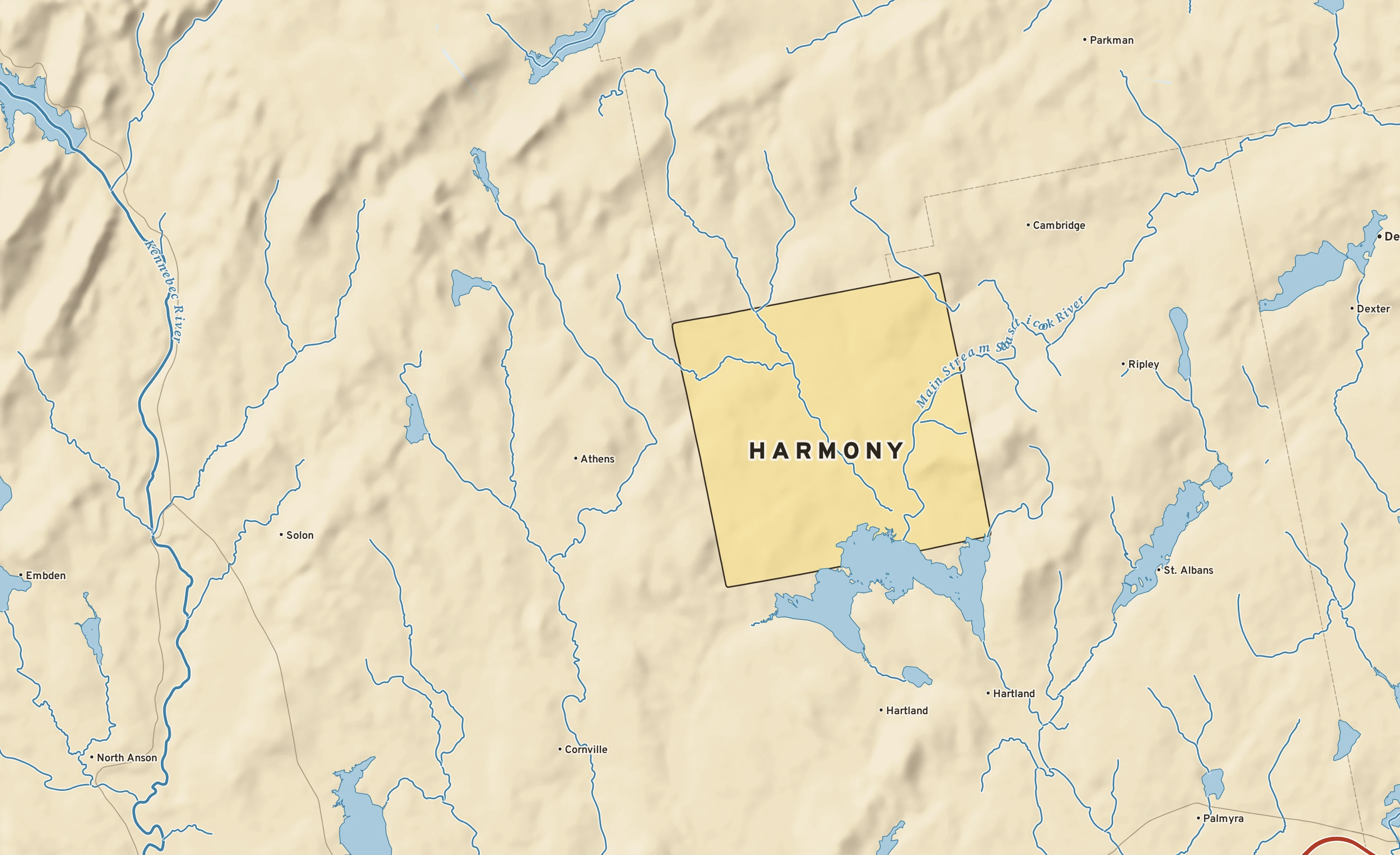 Shaded-relief atlas plate of Harmony, Maine: rivers, roads, the city limits and where the water drains.
