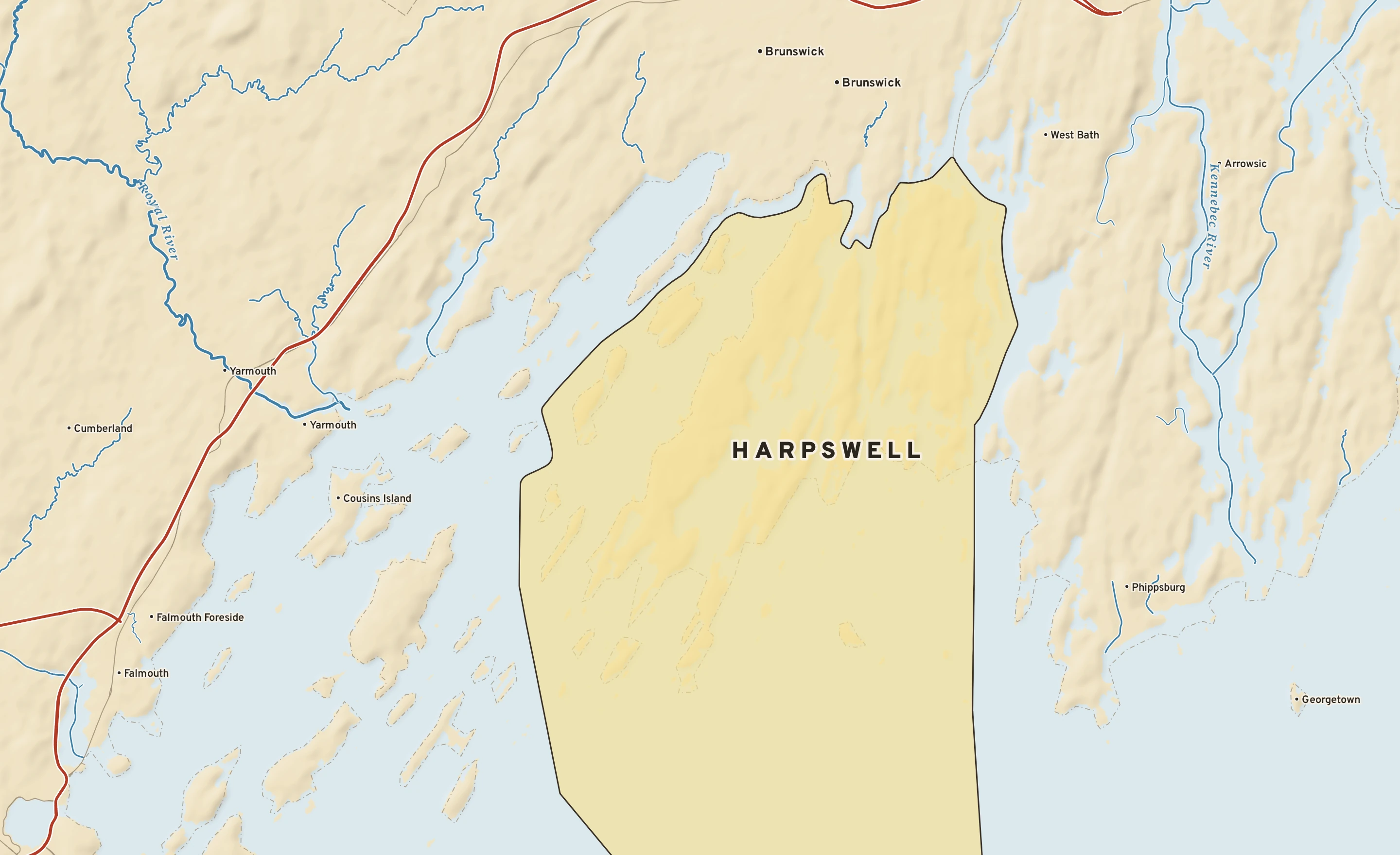 Shaded-relief atlas plate of Harpswell, Maine: rivers, roads, the city limits and where the water drains.
