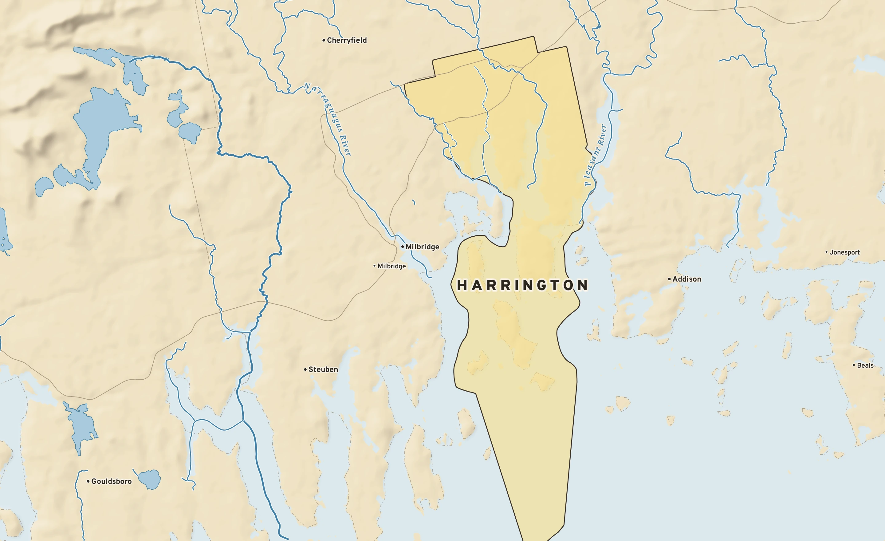 Shaded-relief atlas plate of Harrington, Maine: rivers, roads, the city limits and where the water drains.