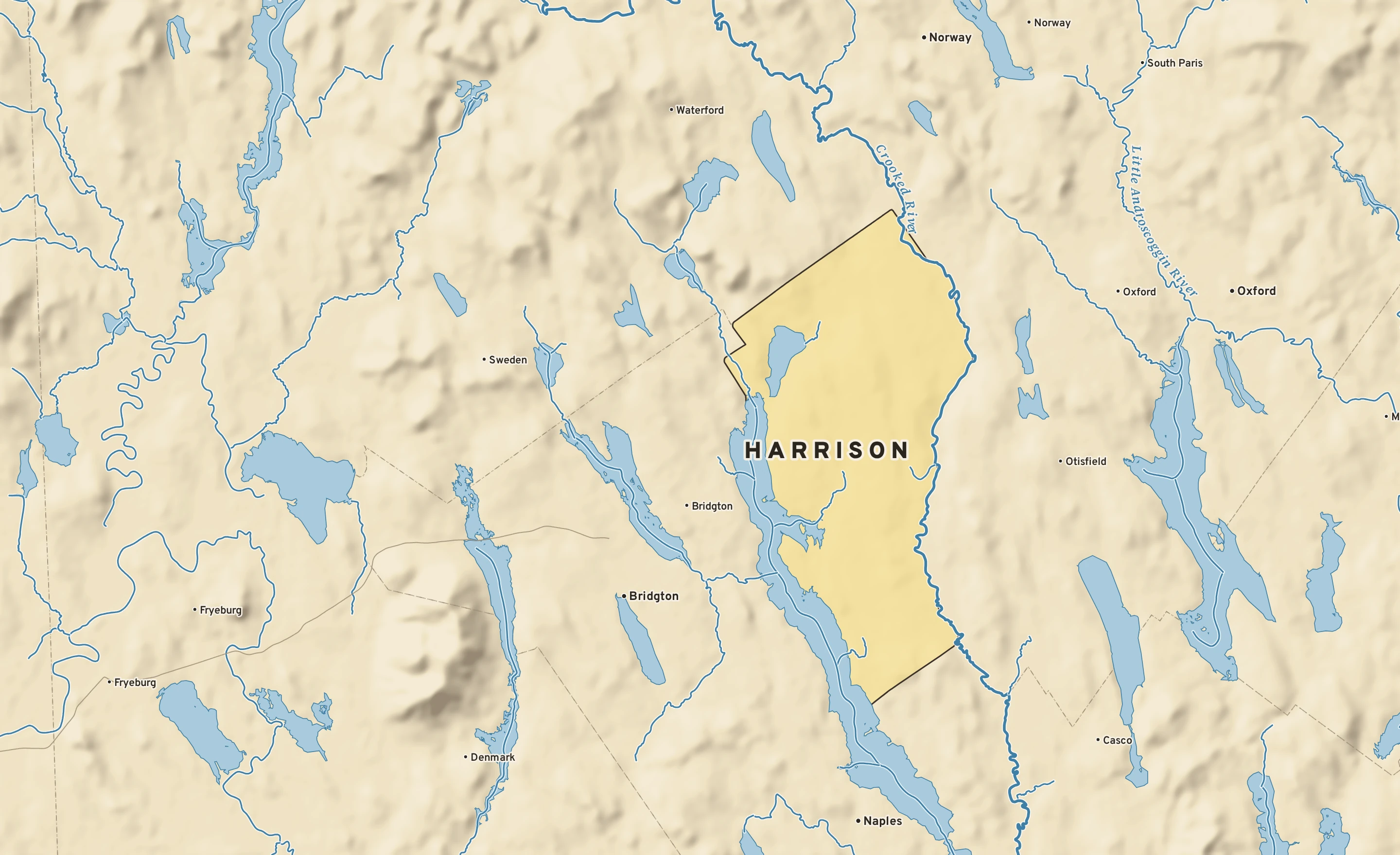 Shaded-relief atlas plate of Harrison, Maine: rivers, roads, the city limits and where the water drains.