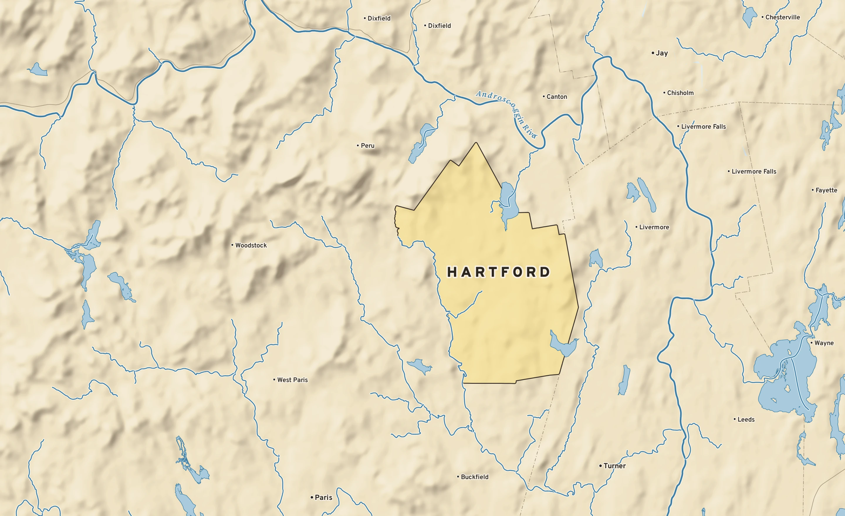 Shaded-relief atlas plate of Hartford, Maine: rivers, roads, the city limits and where the water drains.