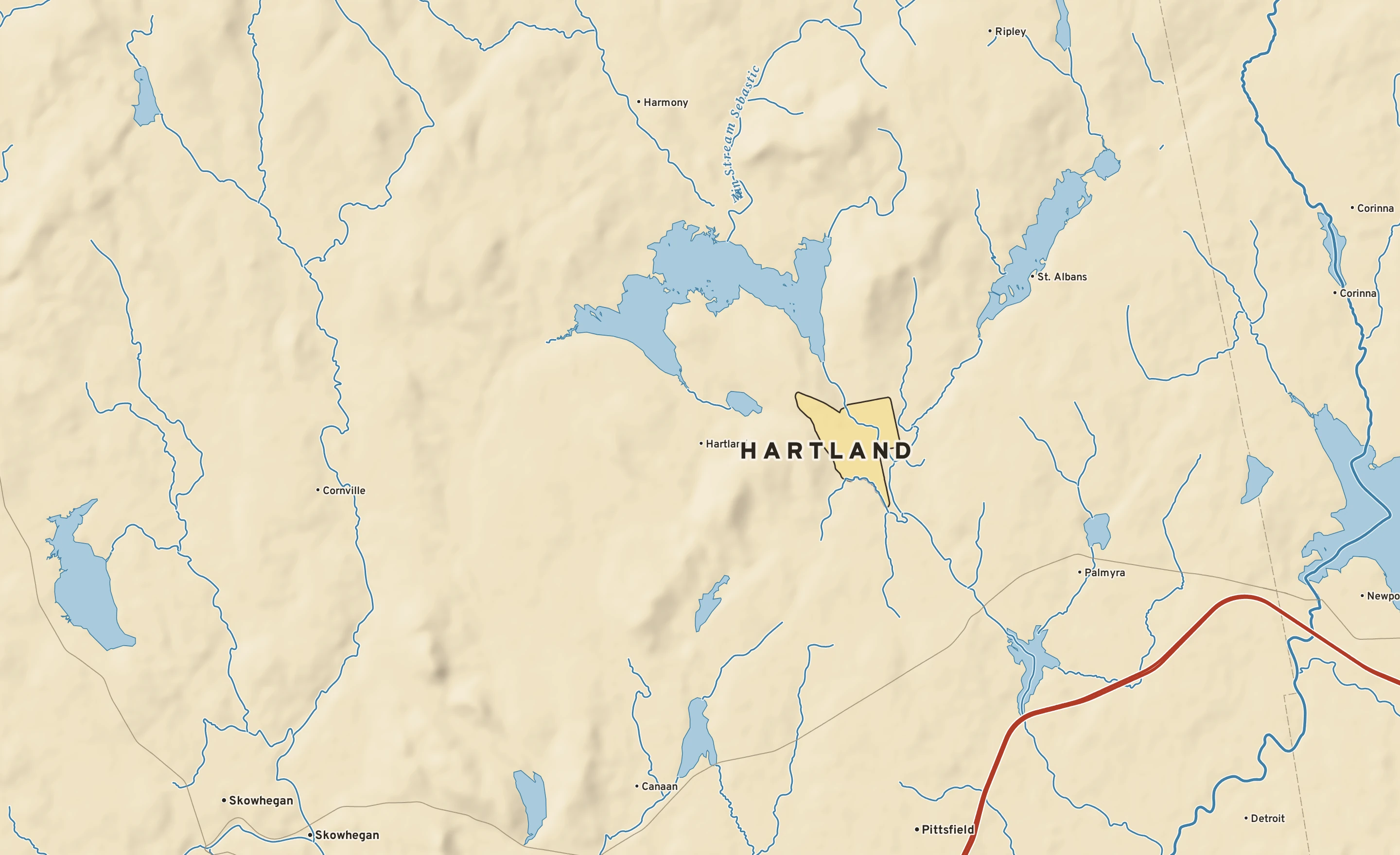 Shaded-relief atlas plate of Hartland, Maine: rivers, roads, the city limits and where the water drains.