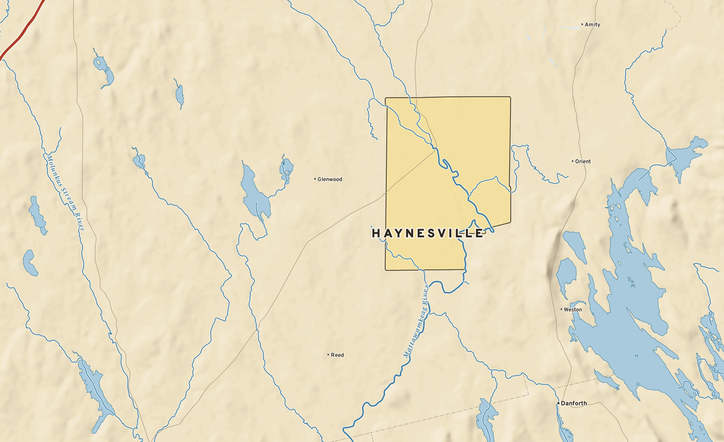 Shaded-relief atlas plate of Haynesville, Maine: rivers, roads, the city limits and where the water drains.