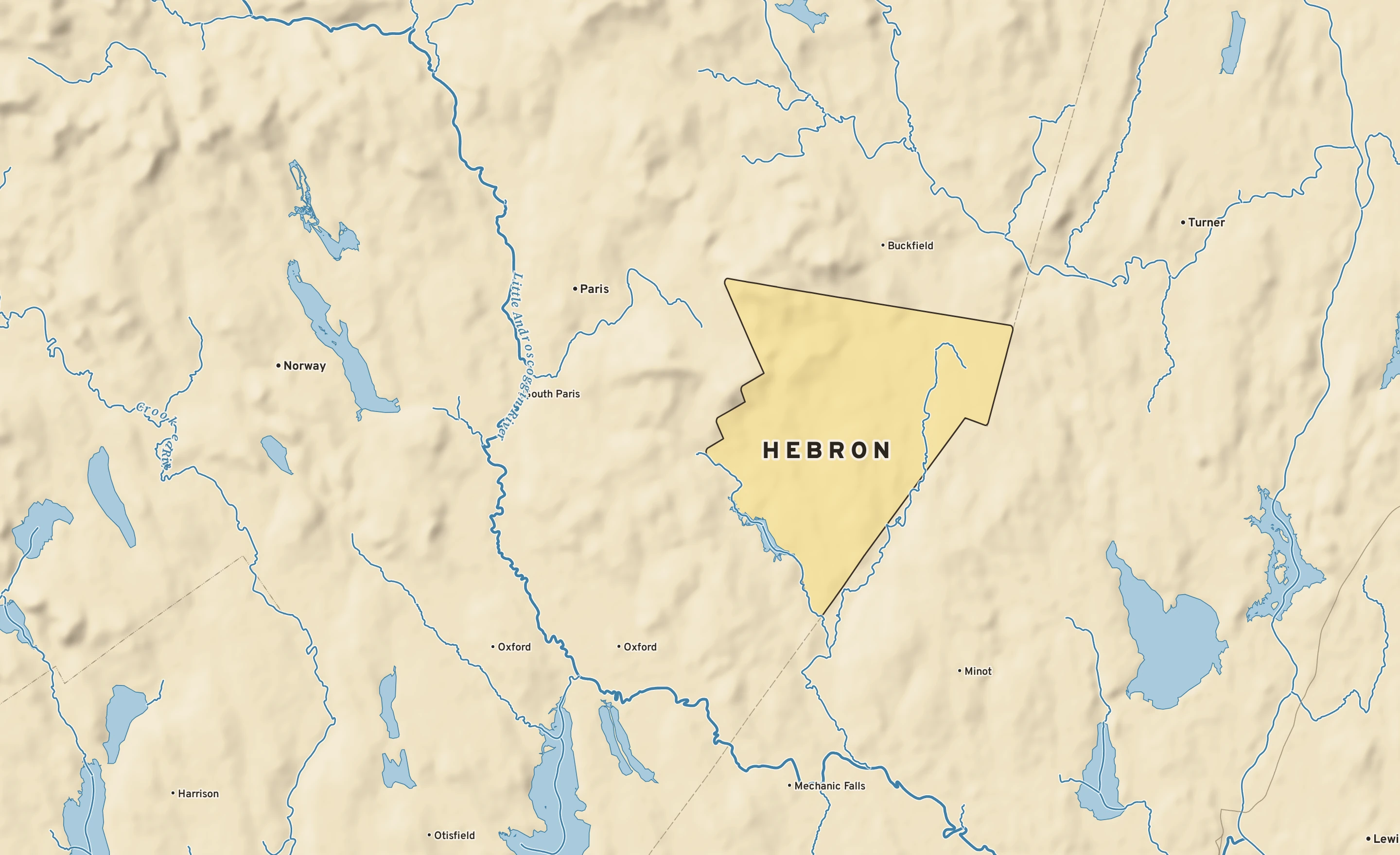 Shaded-relief atlas plate of Hebron, Maine: rivers, roads, the city limits and where the water drains.