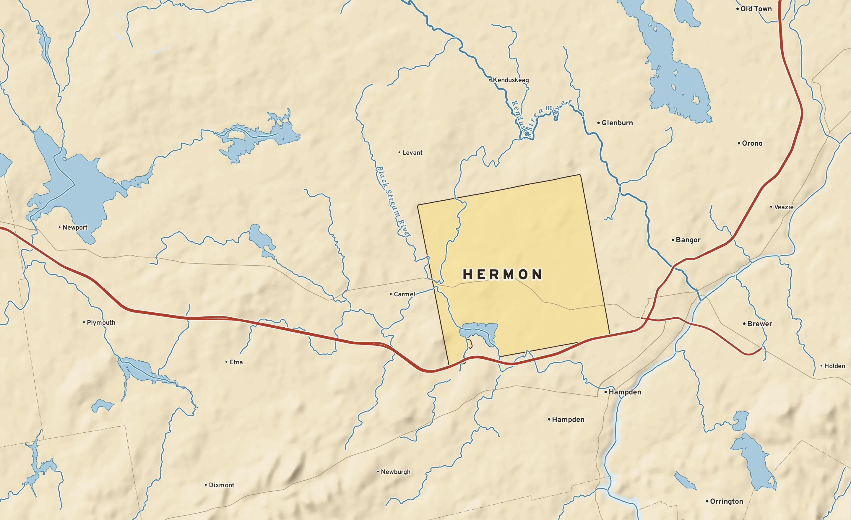 Shaded-relief atlas plate of Hermon, Maine: rivers, roads, the city limits and where the water drains.