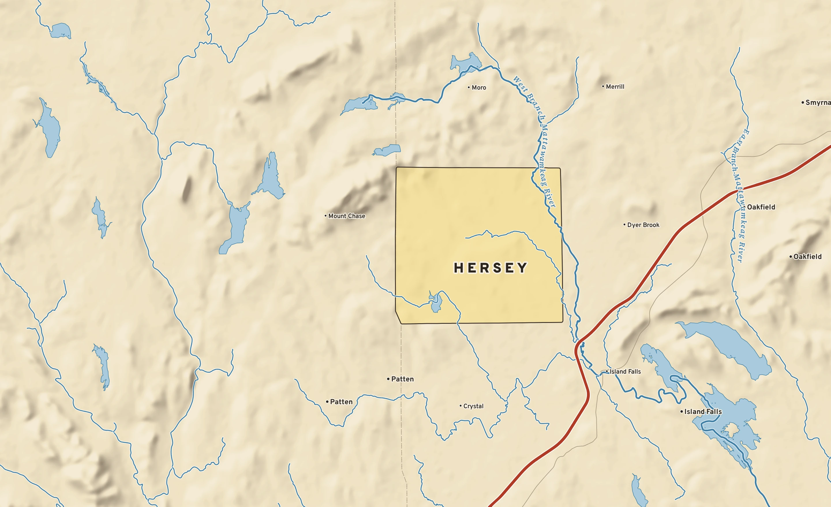 Shaded-relief atlas plate of Hersey, Maine: rivers, roads, the city limits and where the water drains.