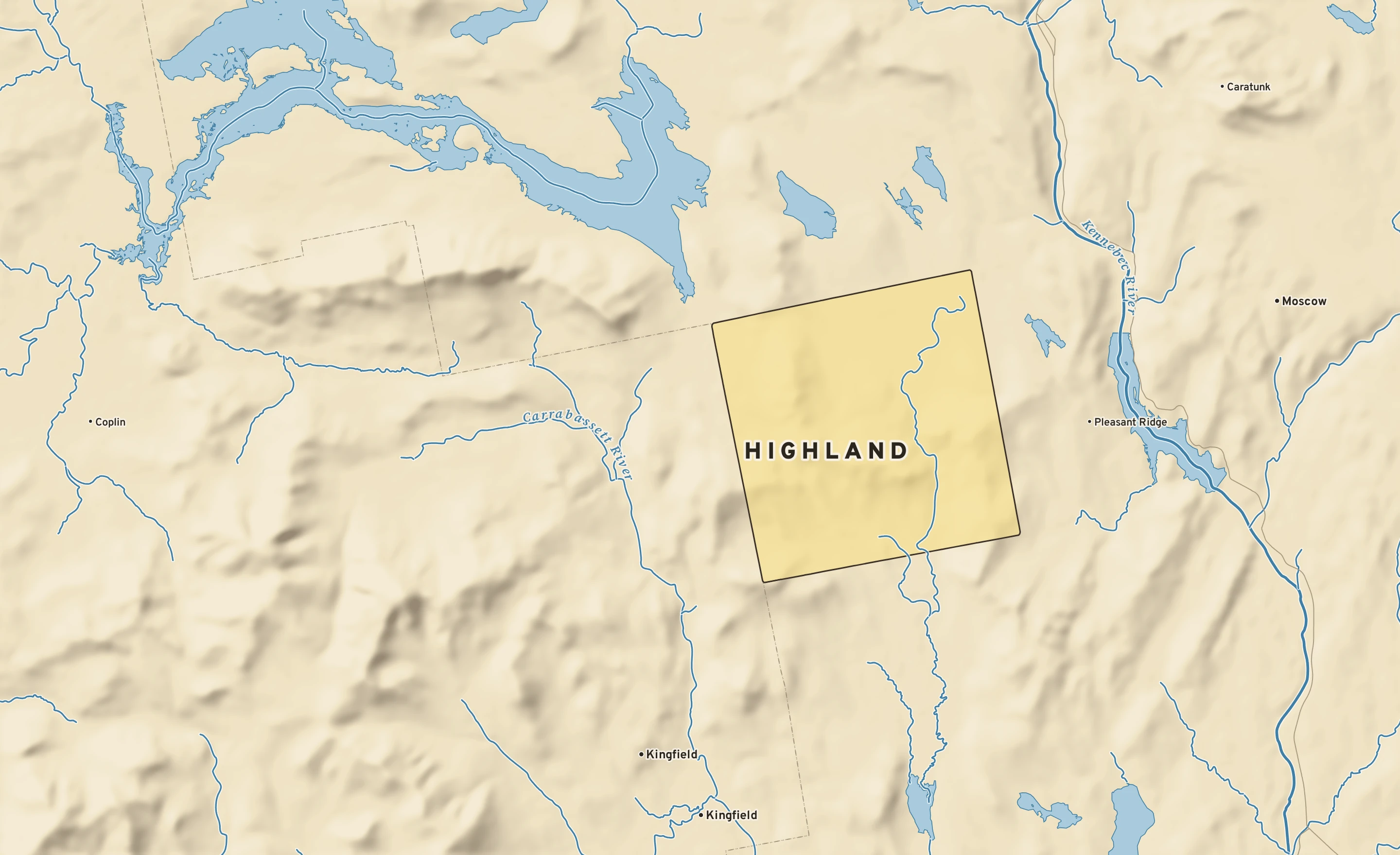 Shaded-relief atlas plate of Highland, Maine: rivers, roads, the city limits and where the water drains.