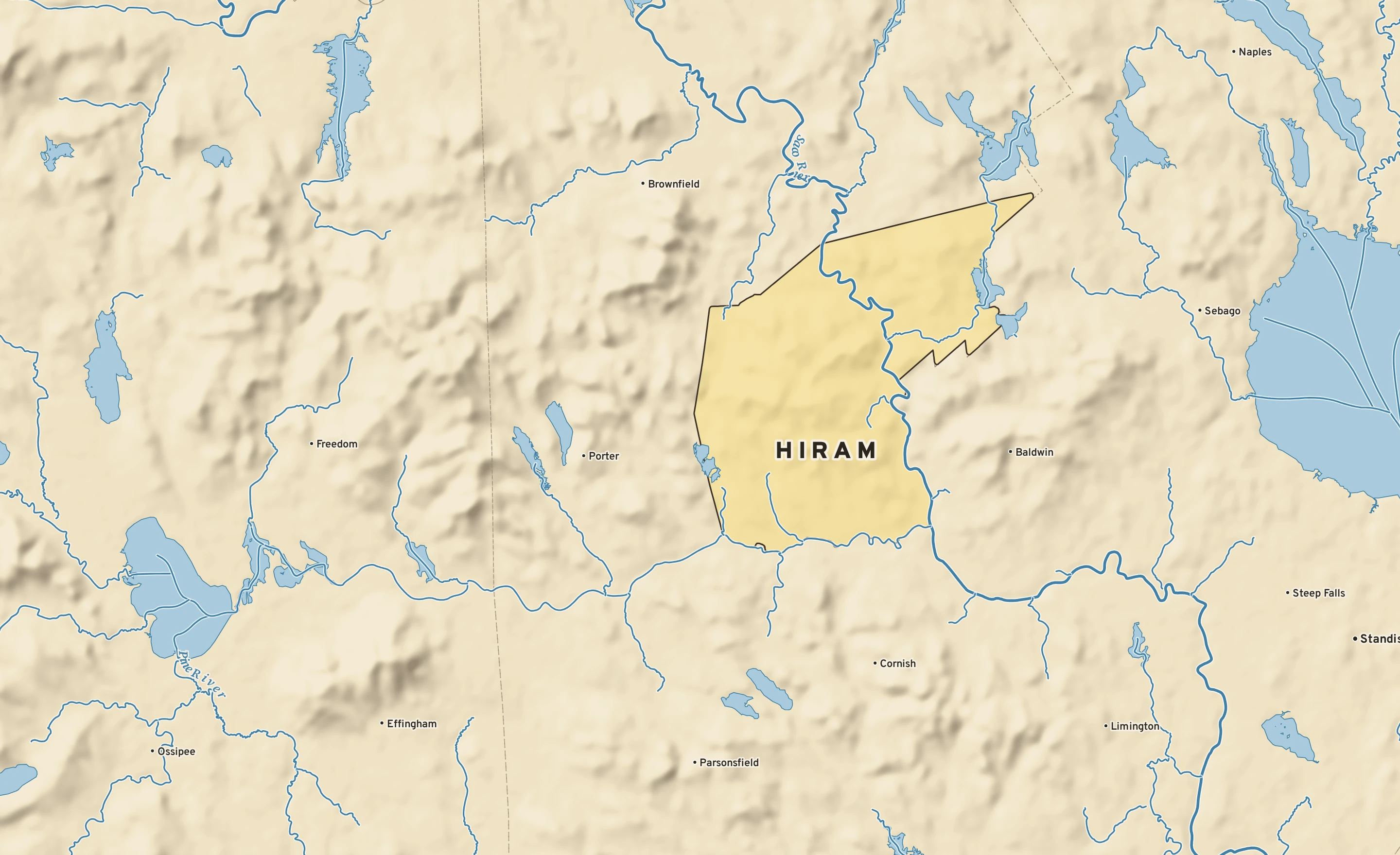 Shaded-relief atlas plate of Hiram, Maine: rivers, roads, the city limits and where the water drains.