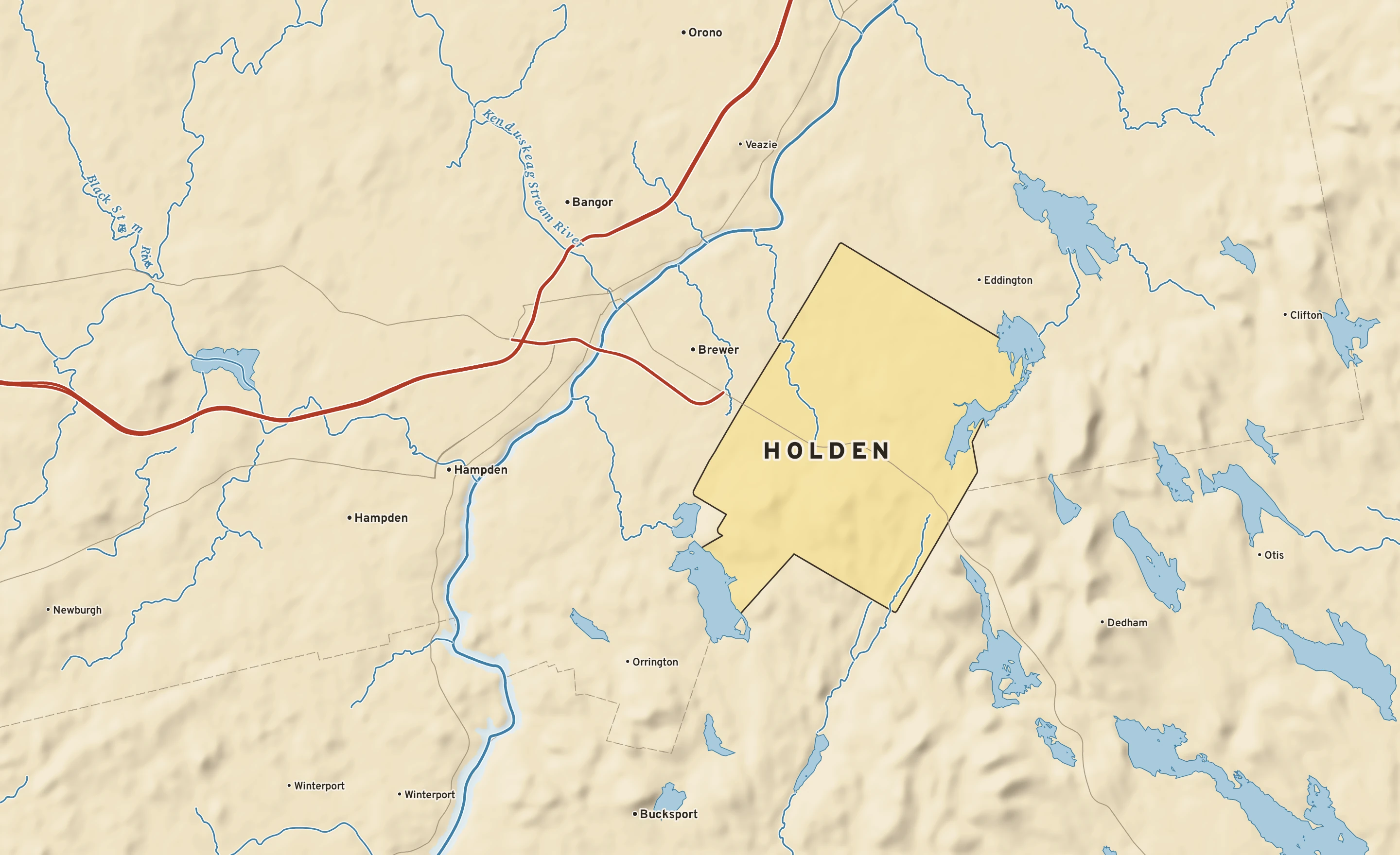 Shaded-relief atlas plate of Holden, Maine: rivers, roads, the city limits and where the water drains.