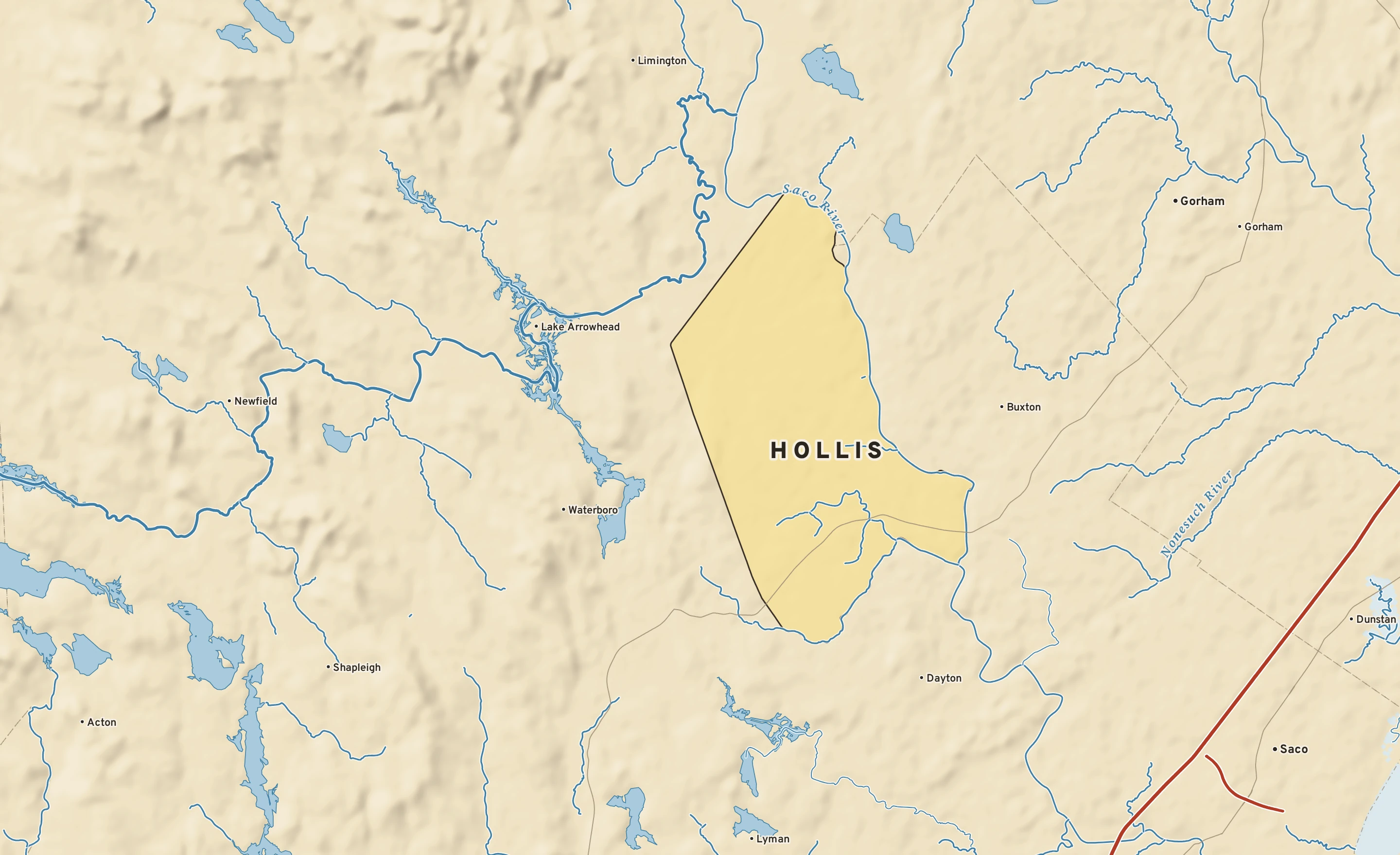 Shaded-relief atlas plate of Hollis, Maine: rivers, roads, the city limits and where the water drains.