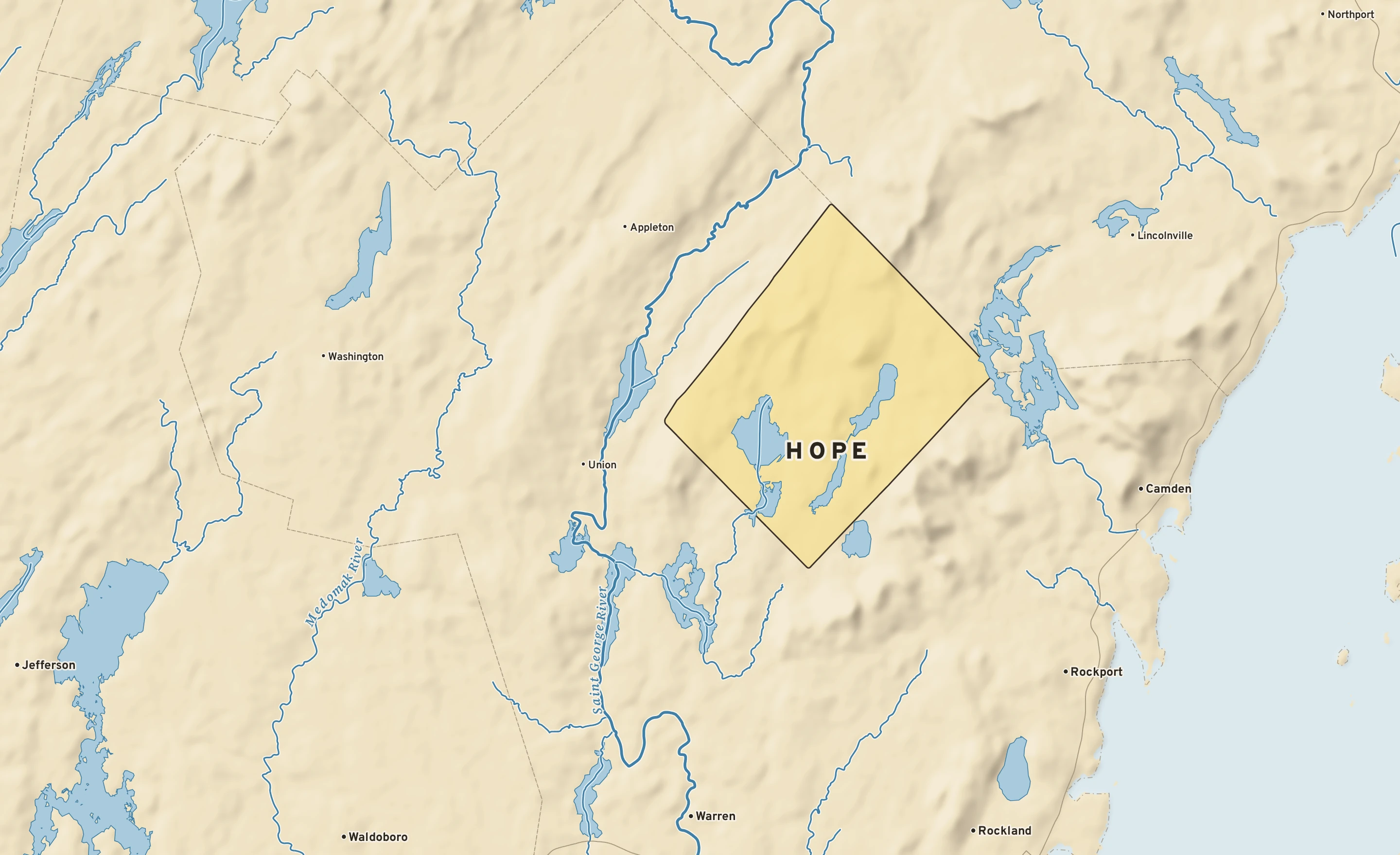 Shaded-relief atlas plate of Hope, Maine: rivers, roads, the city limits and where the water drains.