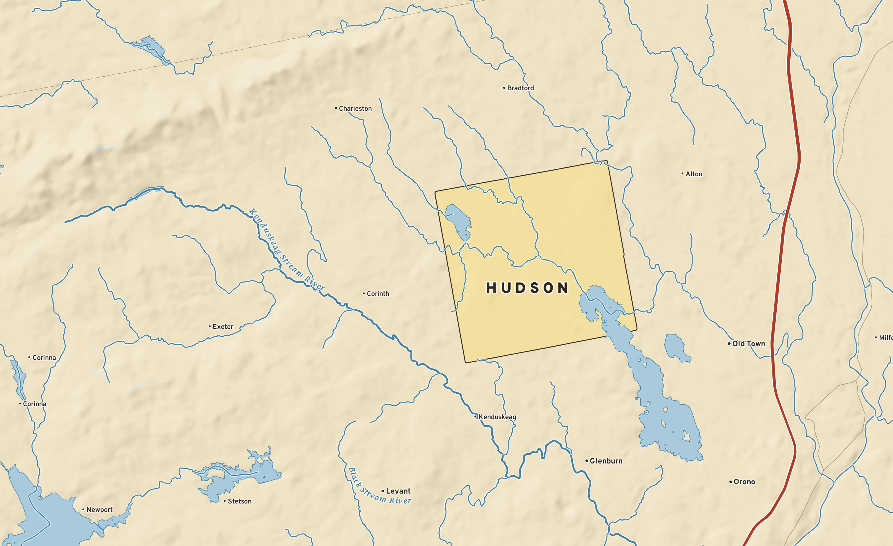 Shaded-relief atlas plate of Hudson, Maine: rivers, roads, the city limits and where the water drains.