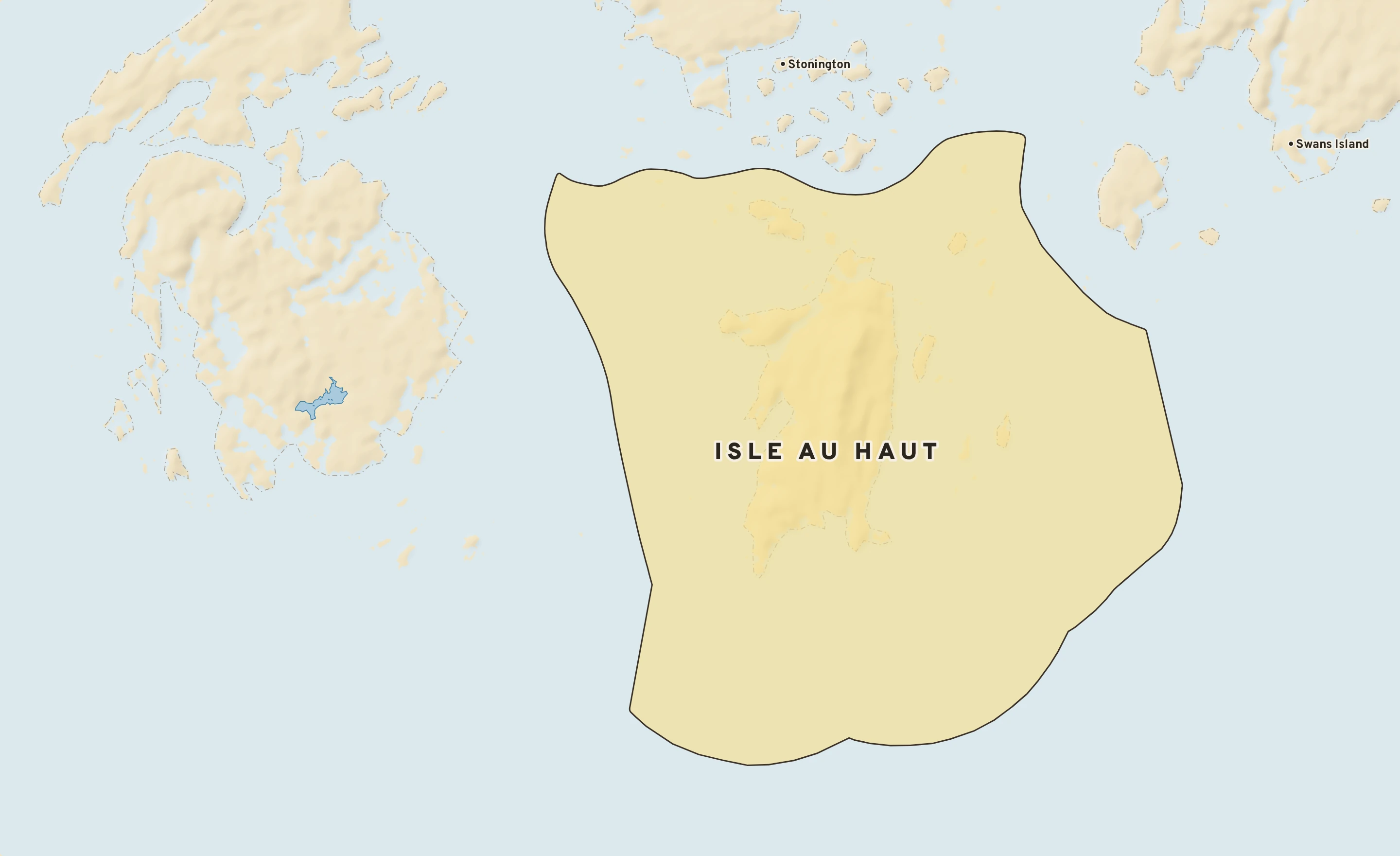 Shaded-relief atlas plate of Isle au Haut, Maine: rivers, roads, the city limits and where the water drains.