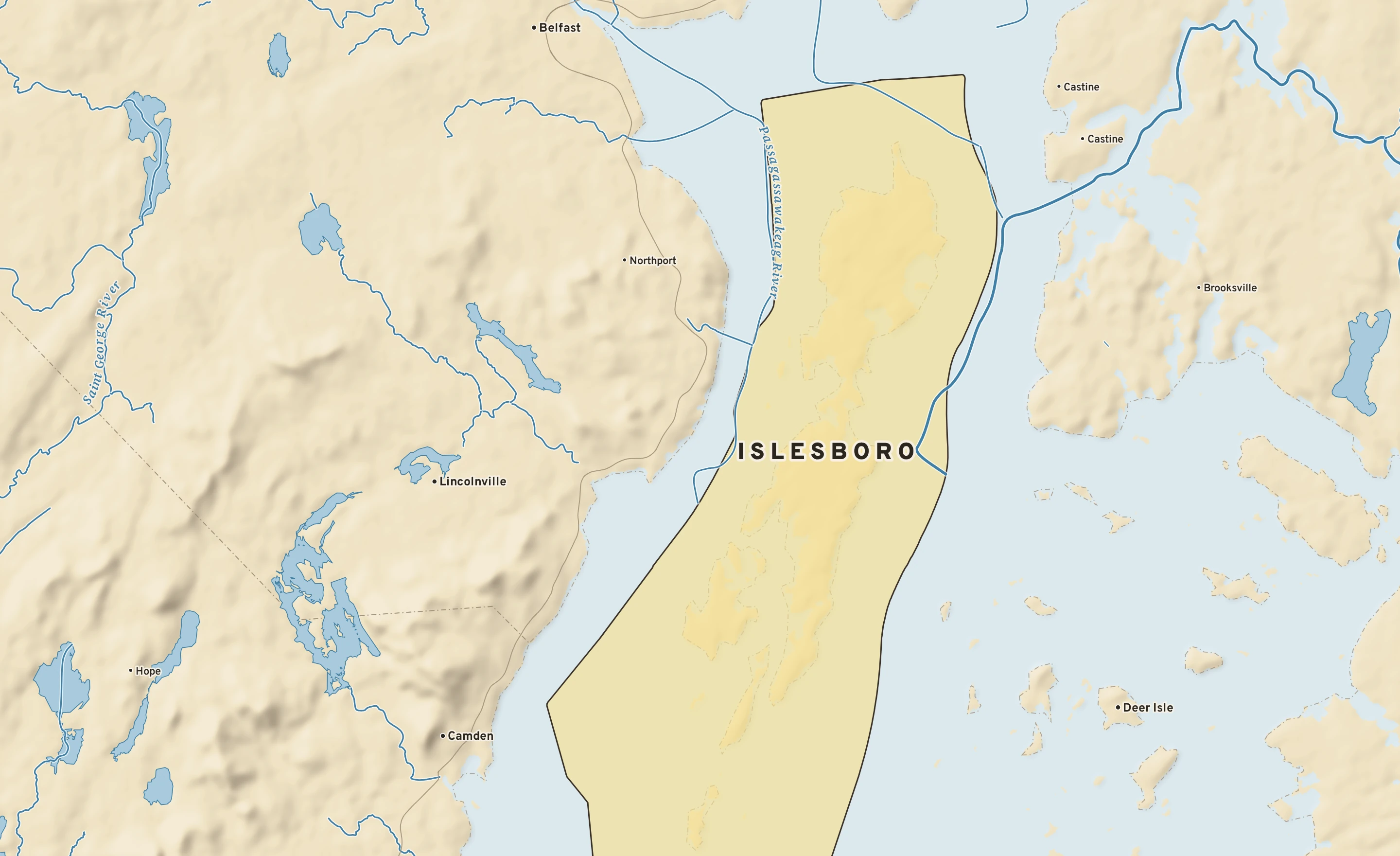 Shaded-relief atlas plate of Islesboro, Maine: rivers, roads, the city limits and where the water drains.