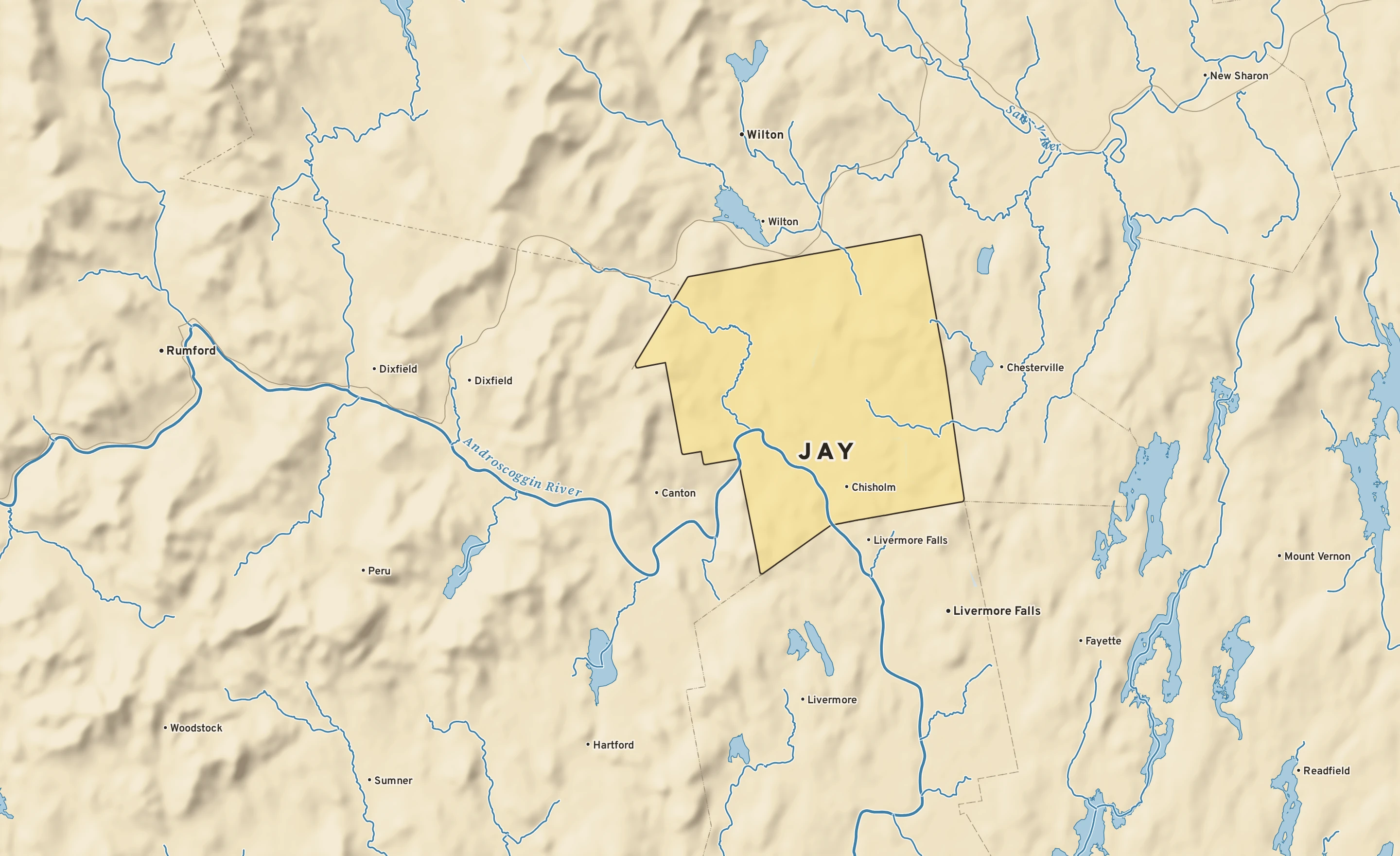 Shaded-relief atlas plate of Jay, Maine: rivers, roads, the city limits and where the water drains.