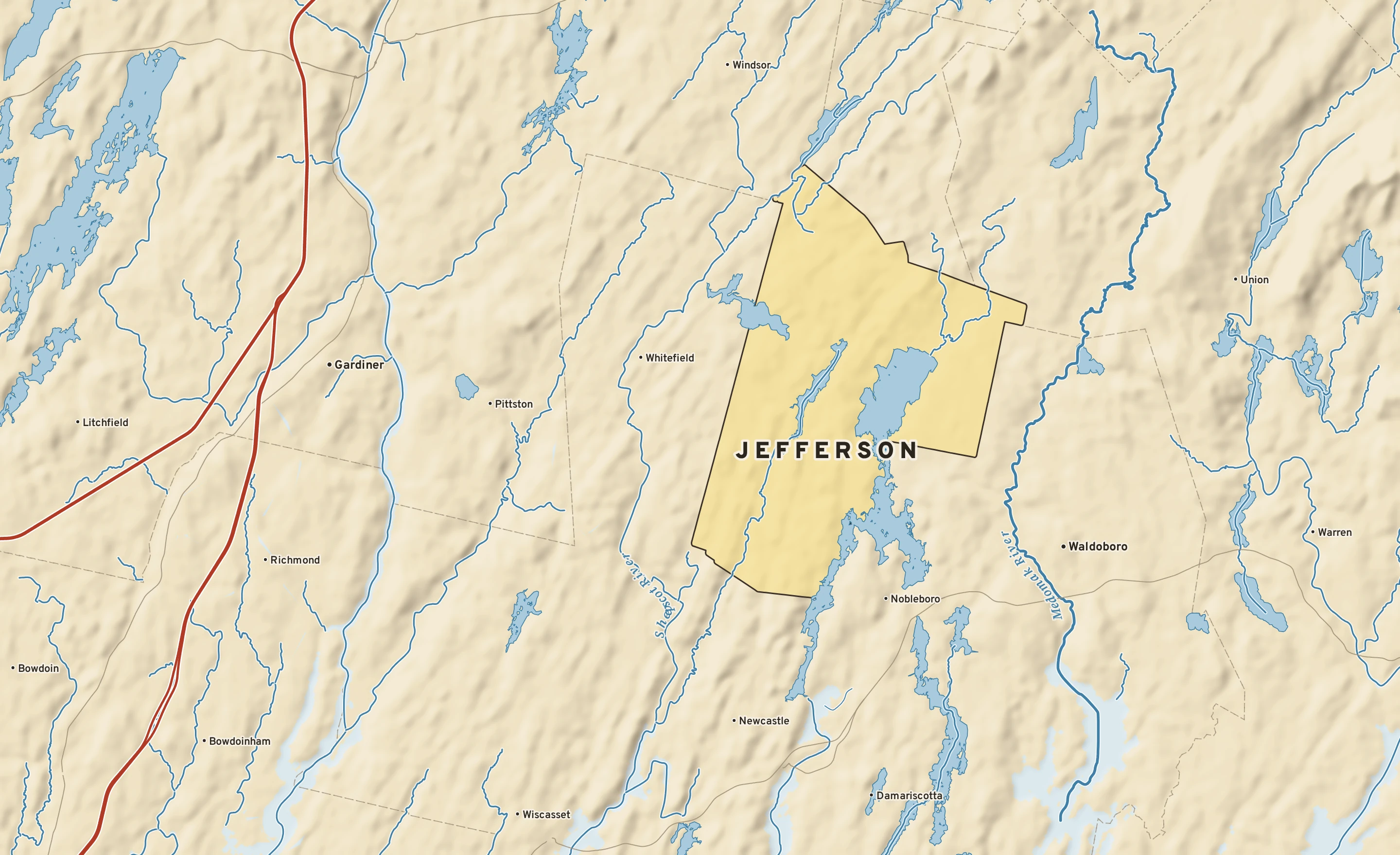 Shaded-relief atlas plate of Jefferson, Maine: rivers, roads, the city limits and where the water drains.