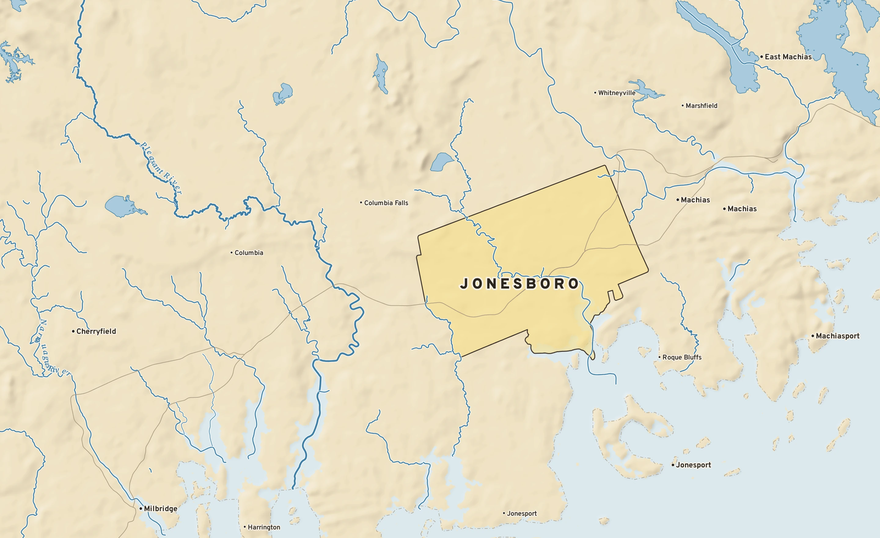 Shaded-relief atlas plate of Jonesboro, Maine: rivers, roads, the city limits and where the water drains.