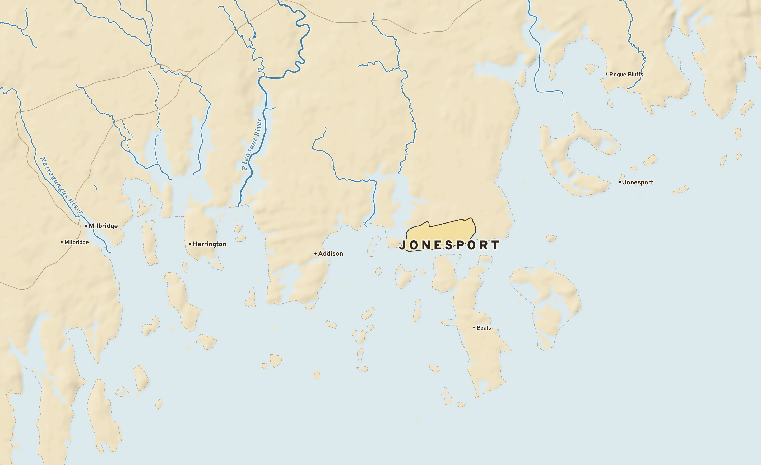 Shaded-relief atlas plate of Jonesport, Maine: rivers, roads, the city limits and where the water drains.