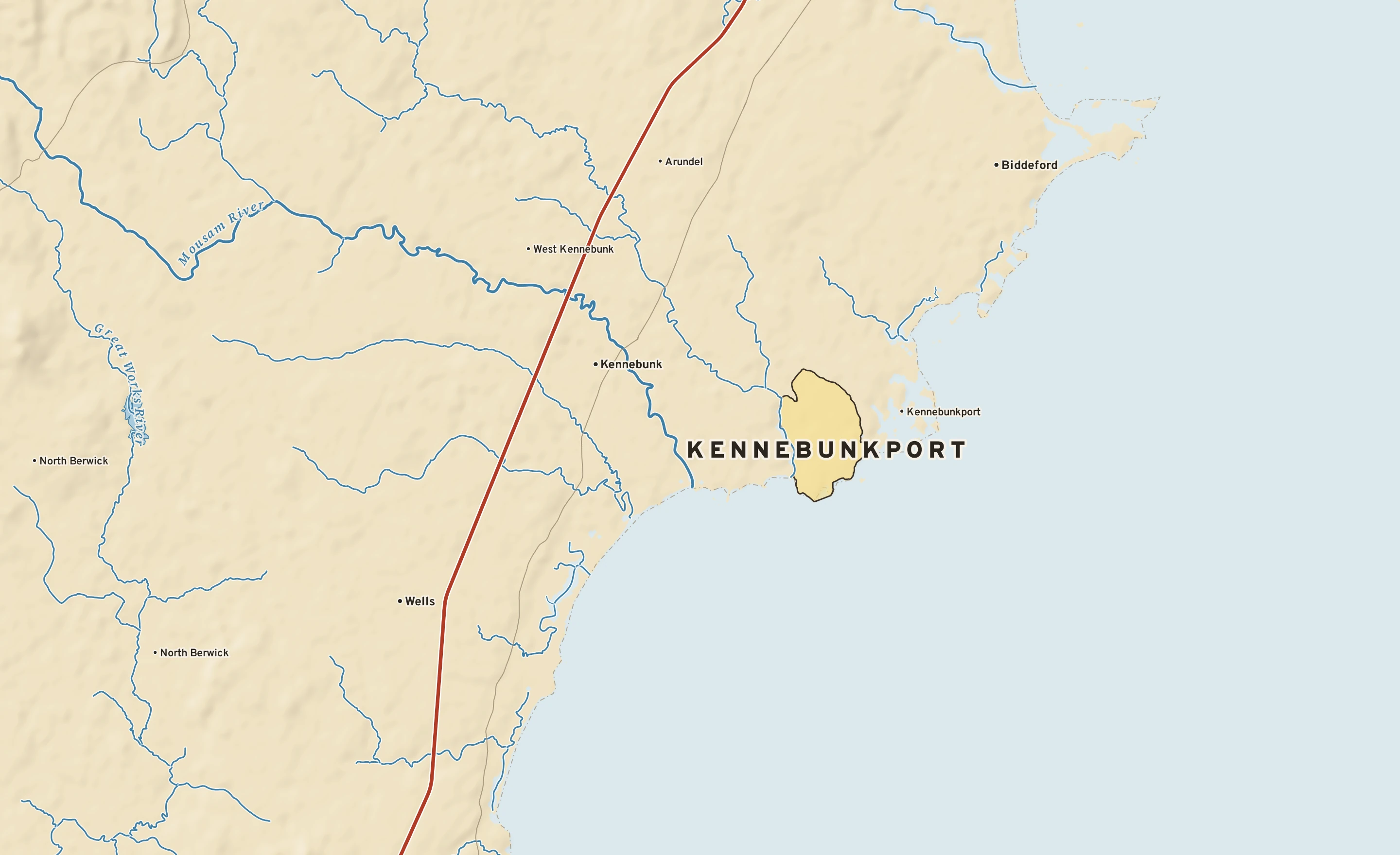 Shaded-relief atlas plate of Kennebunkport, Maine: rivers, roads, the city limits and where the water drains.
