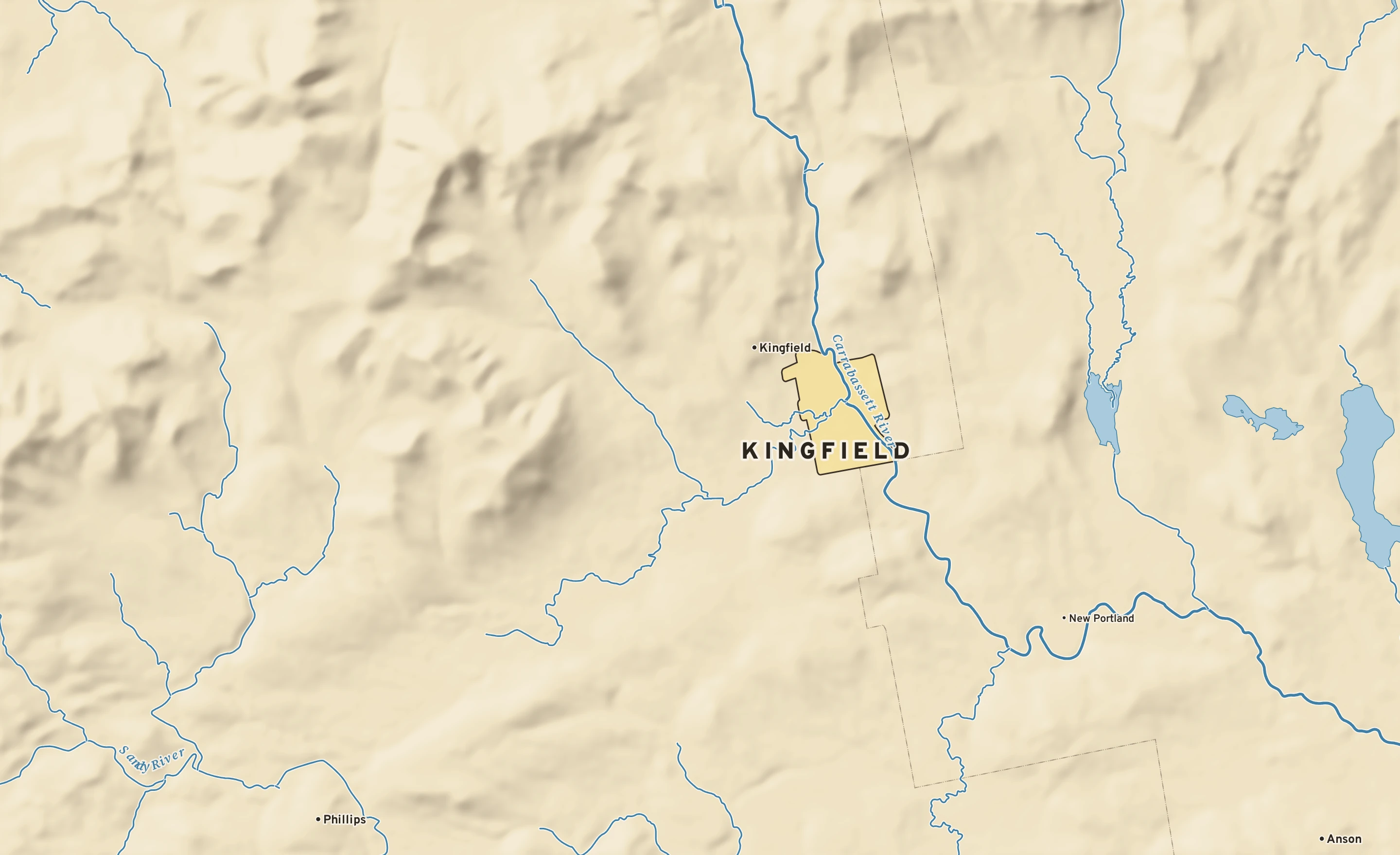 Shaded-relief atlas plate of Kingfield, Maine: rivers, roads, the city limits and where the water drains.