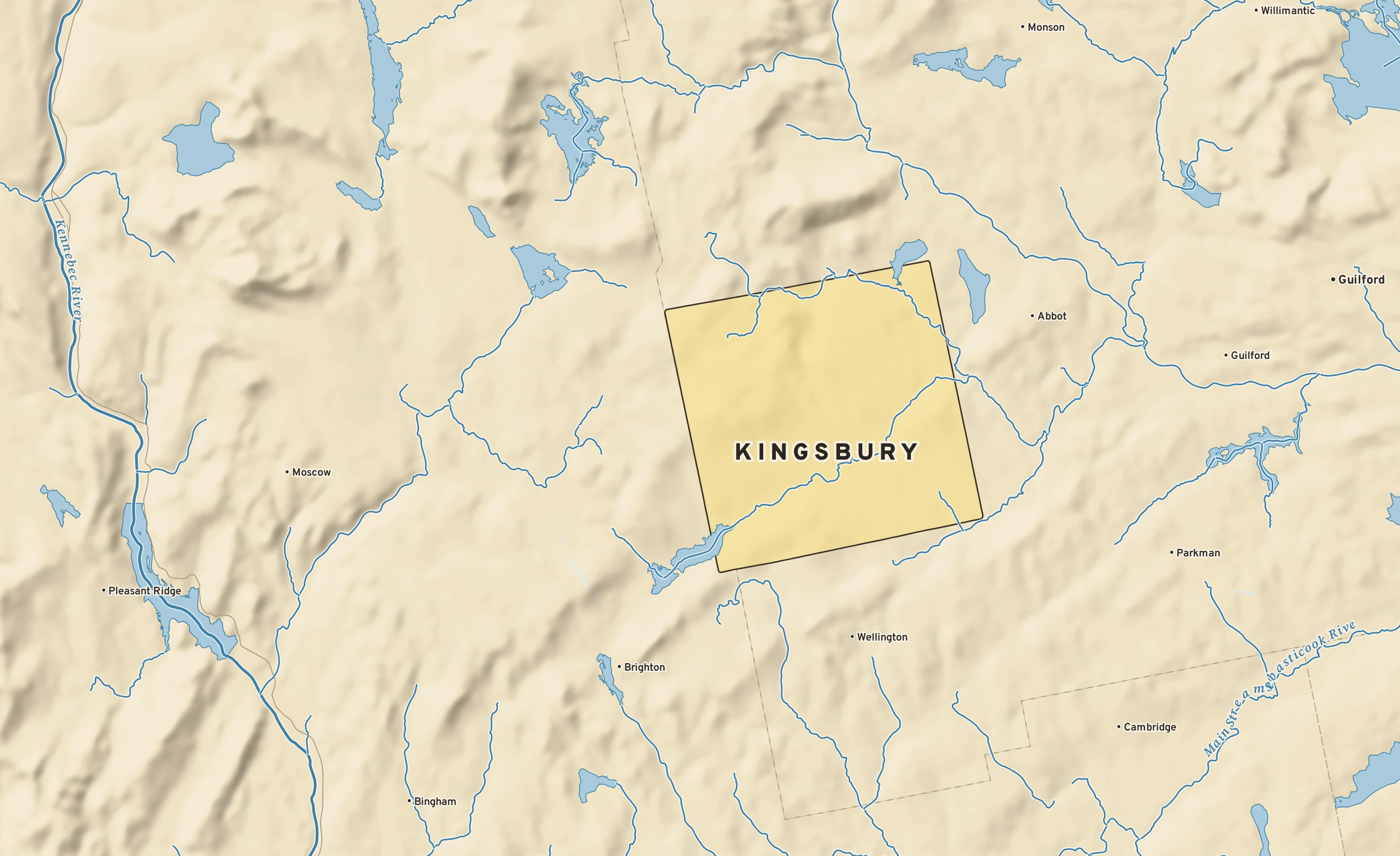Shaded-relief atlas plate of Kingsbury, Maine: rivers, roads, the city limits and where the water drains.