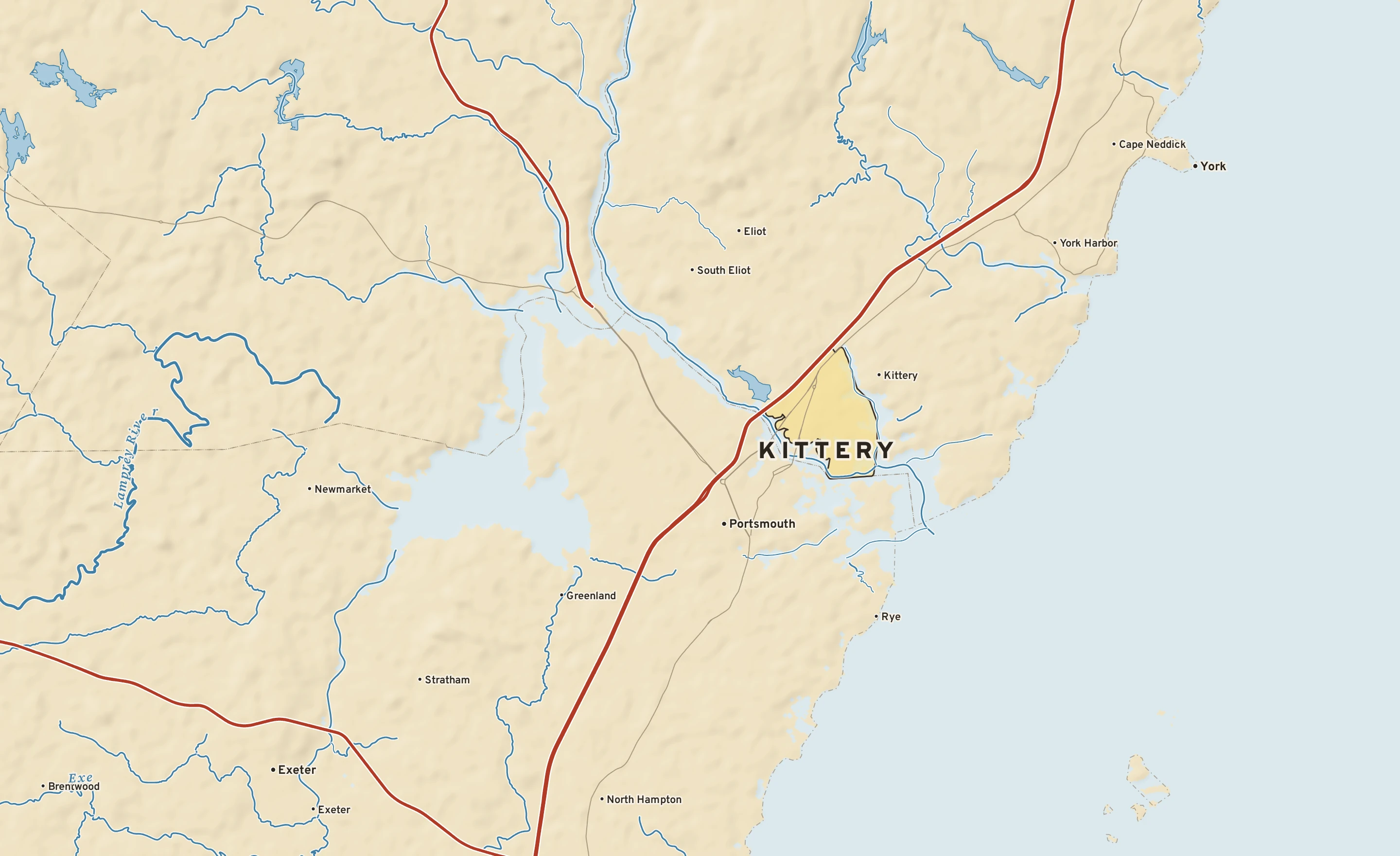 Shaded-relief atlas plate of Kittery, Maine: rivers, roads, the city limits and where the water drains.