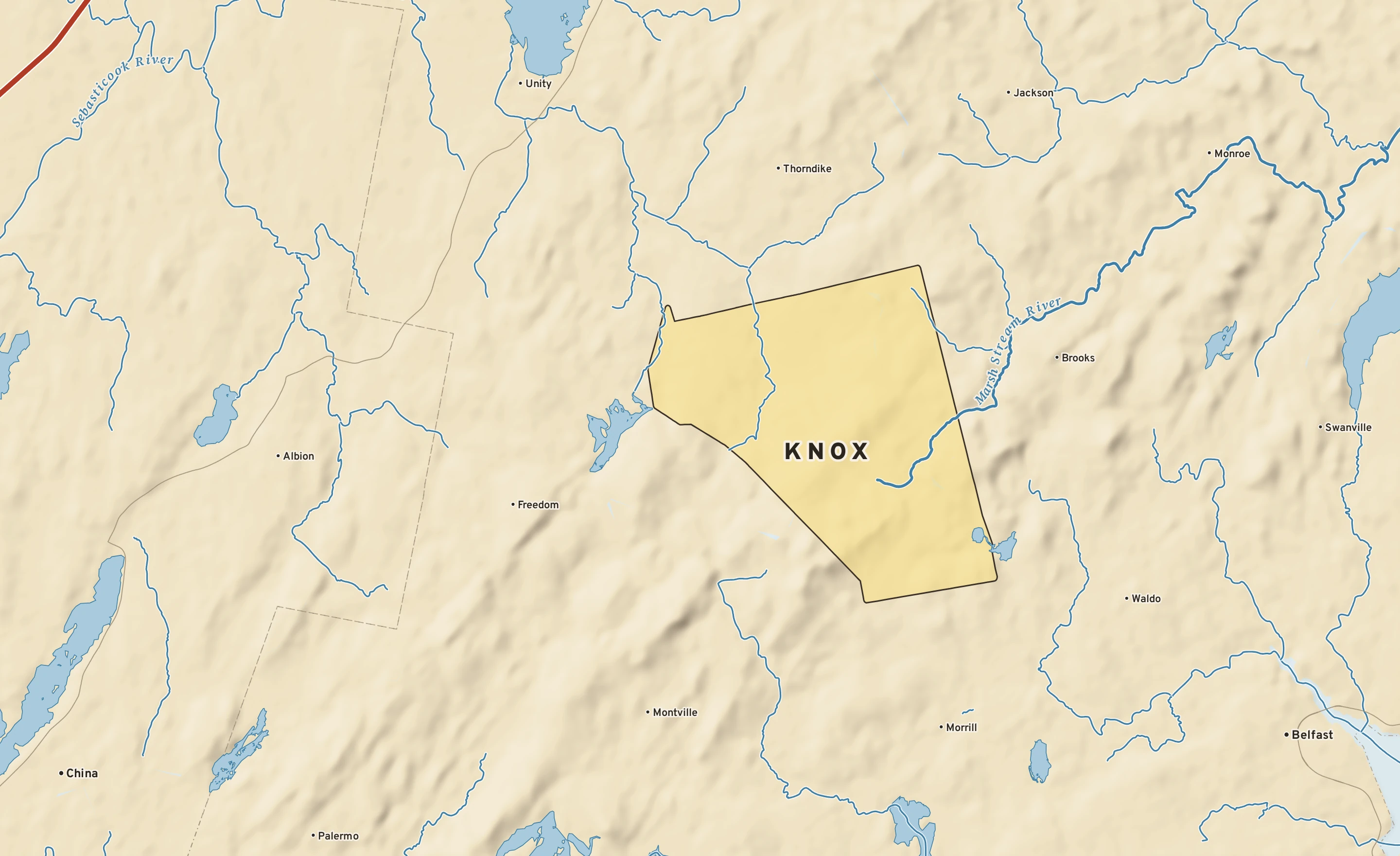 Shaded-relief atlas plate of Knox, Maine: rivers, roads, the city limits and where the water drains.