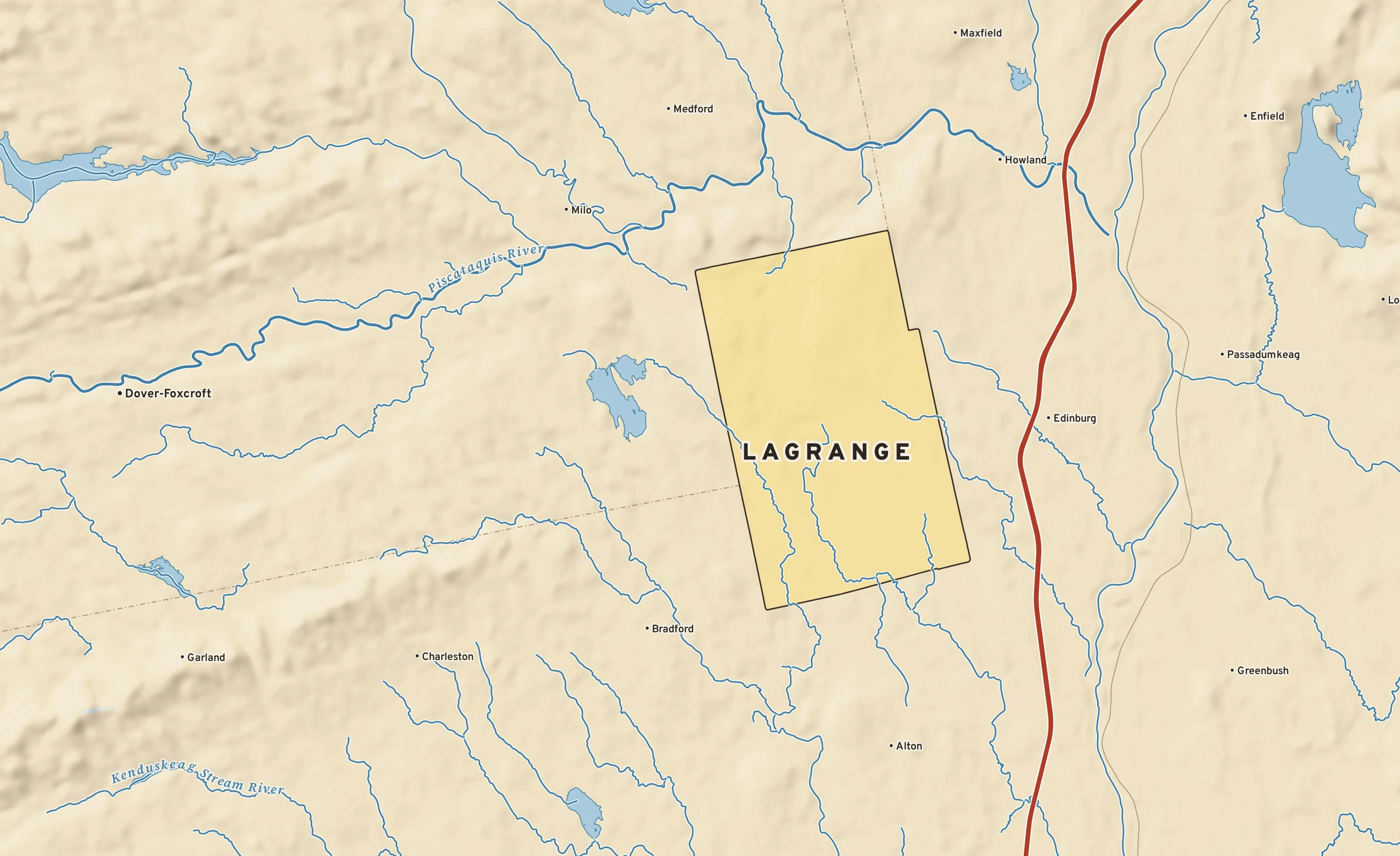 Shaded-relief atlas plate of Lagrange, Maine: rivers, roads, the city limits and where the water drains.