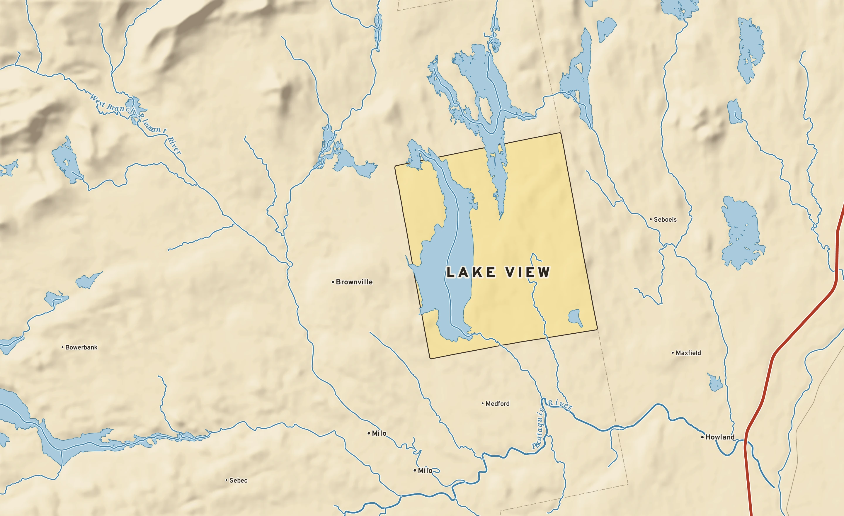 Shaded-relief atlas plate of Lake View, Maine: rivers, roads, the city limits and where the water drains.