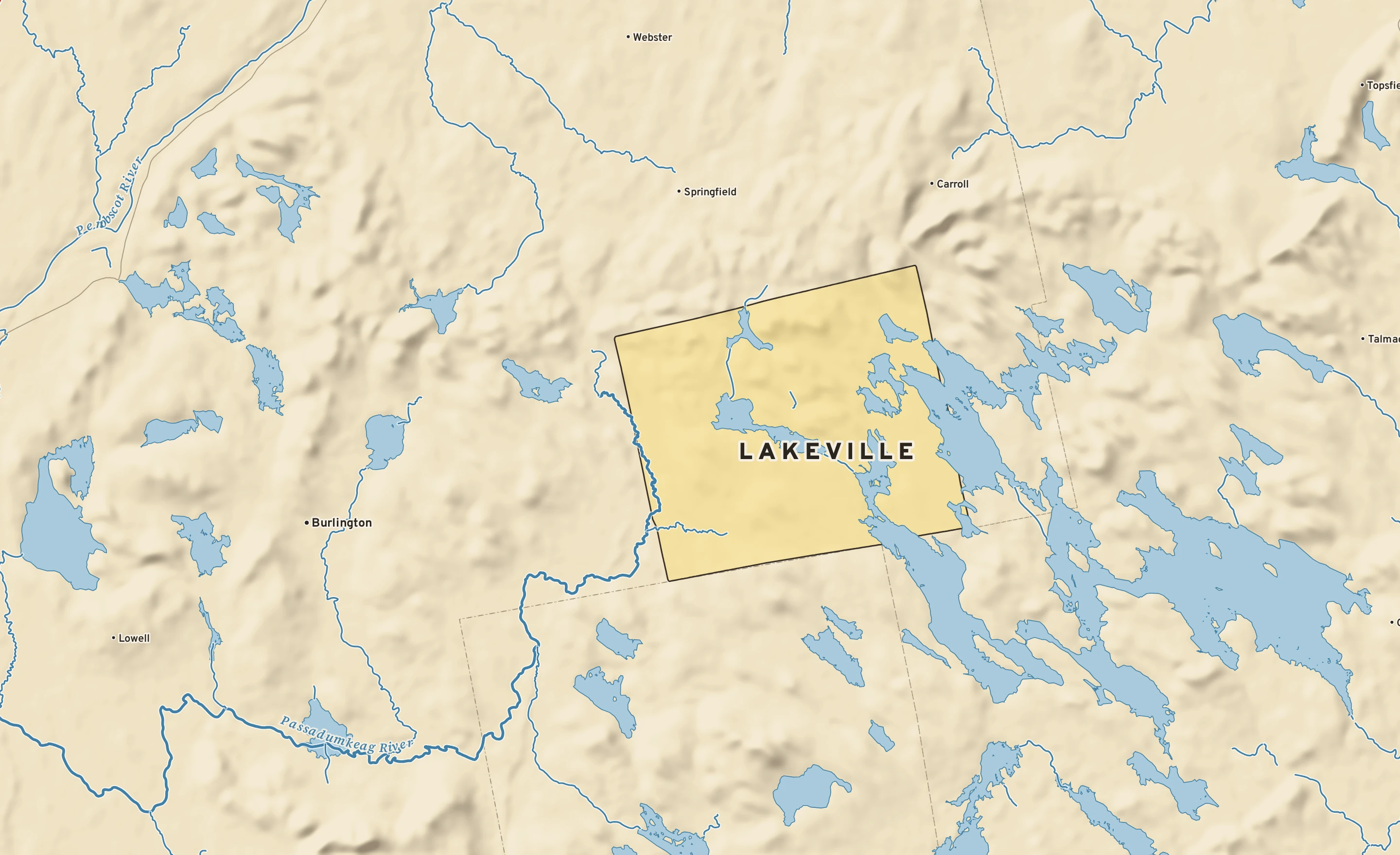 Shaded-relief atlas plate of Lakeville, Maine: rivers, roads, the city limits and where the water drains.