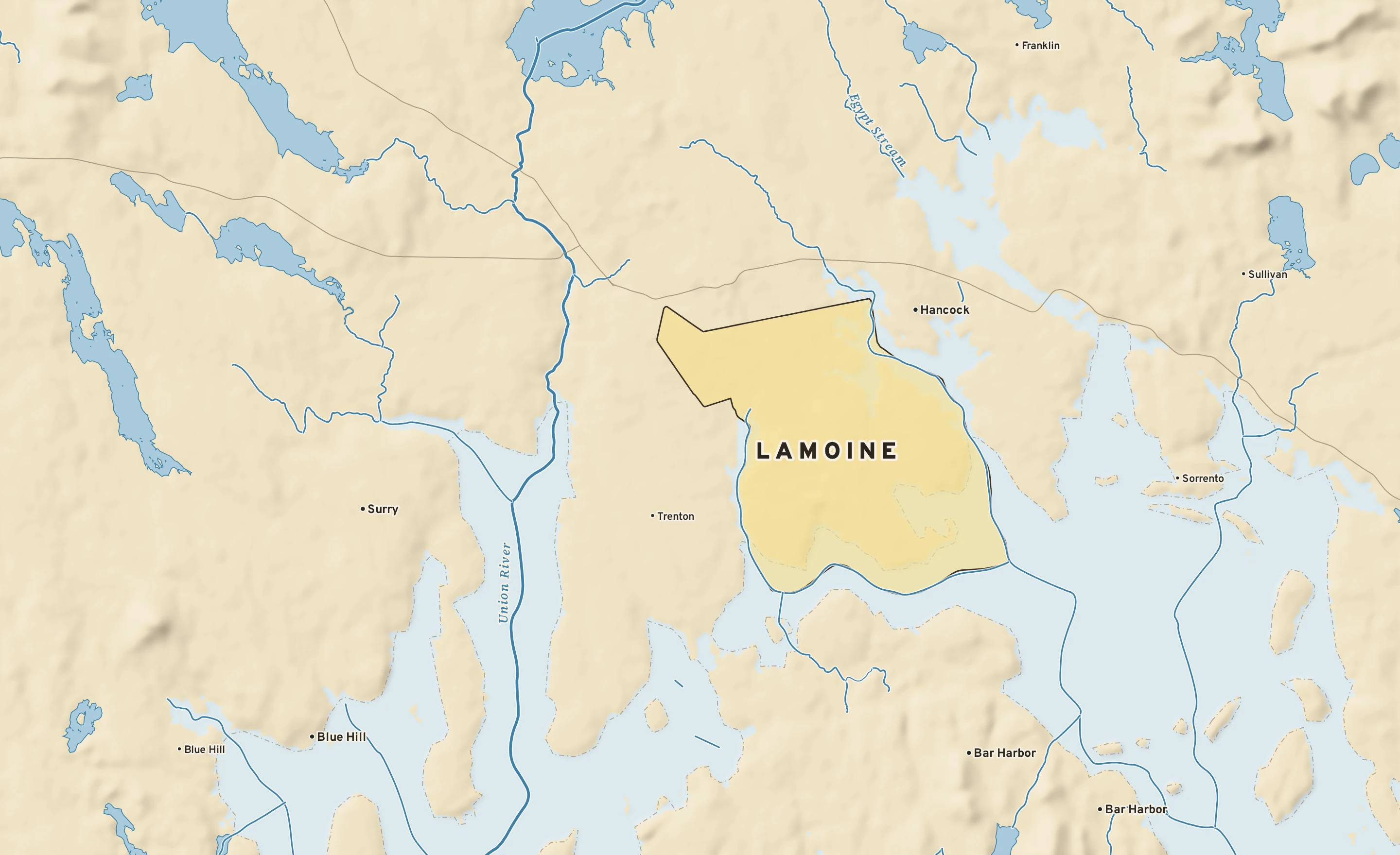 Shaded-relief atlas plate of Lamoine, Maine: rivers, roads, the city limits and where the water drains.
