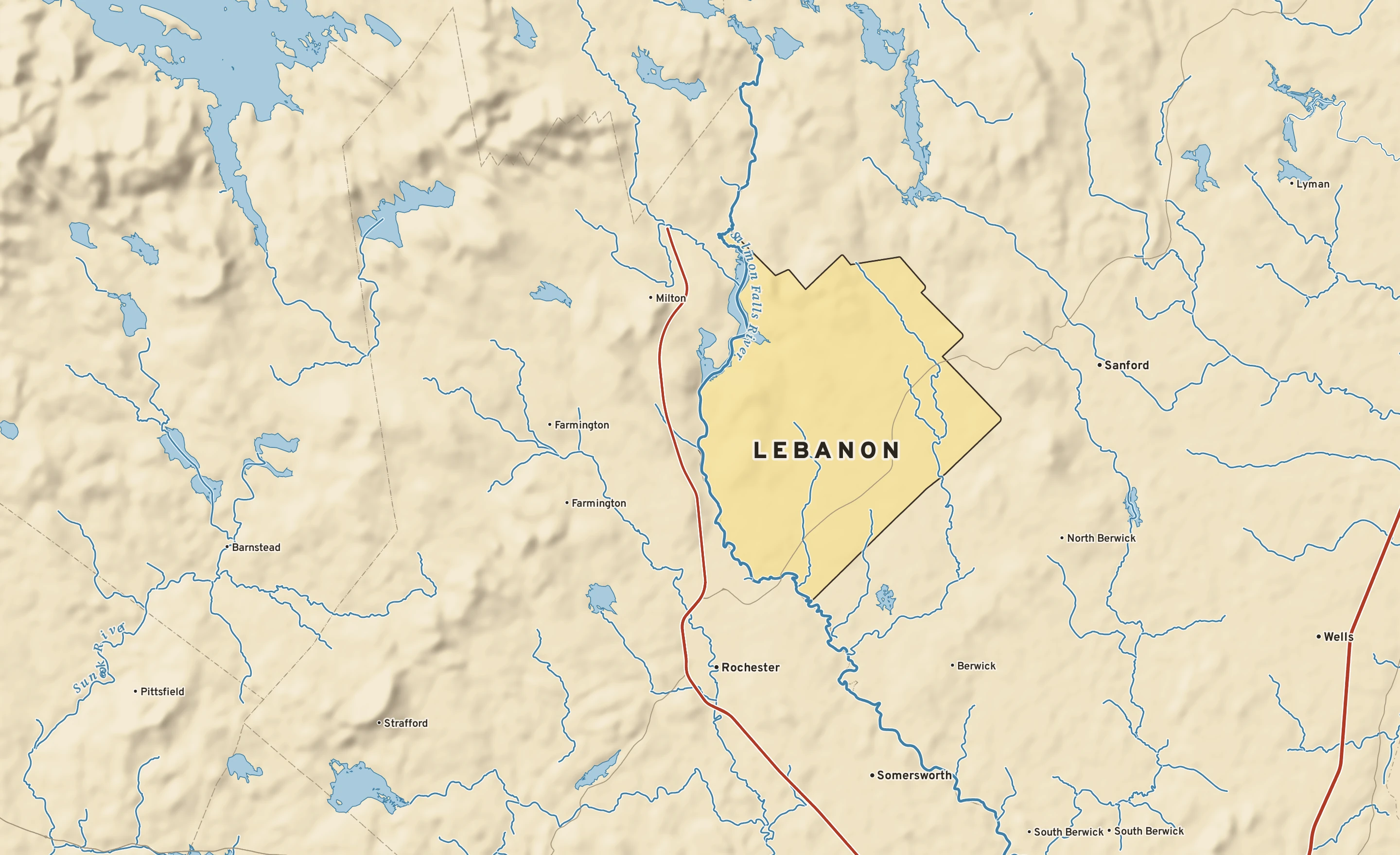 Shaded-relief atlas plate of Lebanon, Maine: rivers, roads, the city limits and where the water drains.