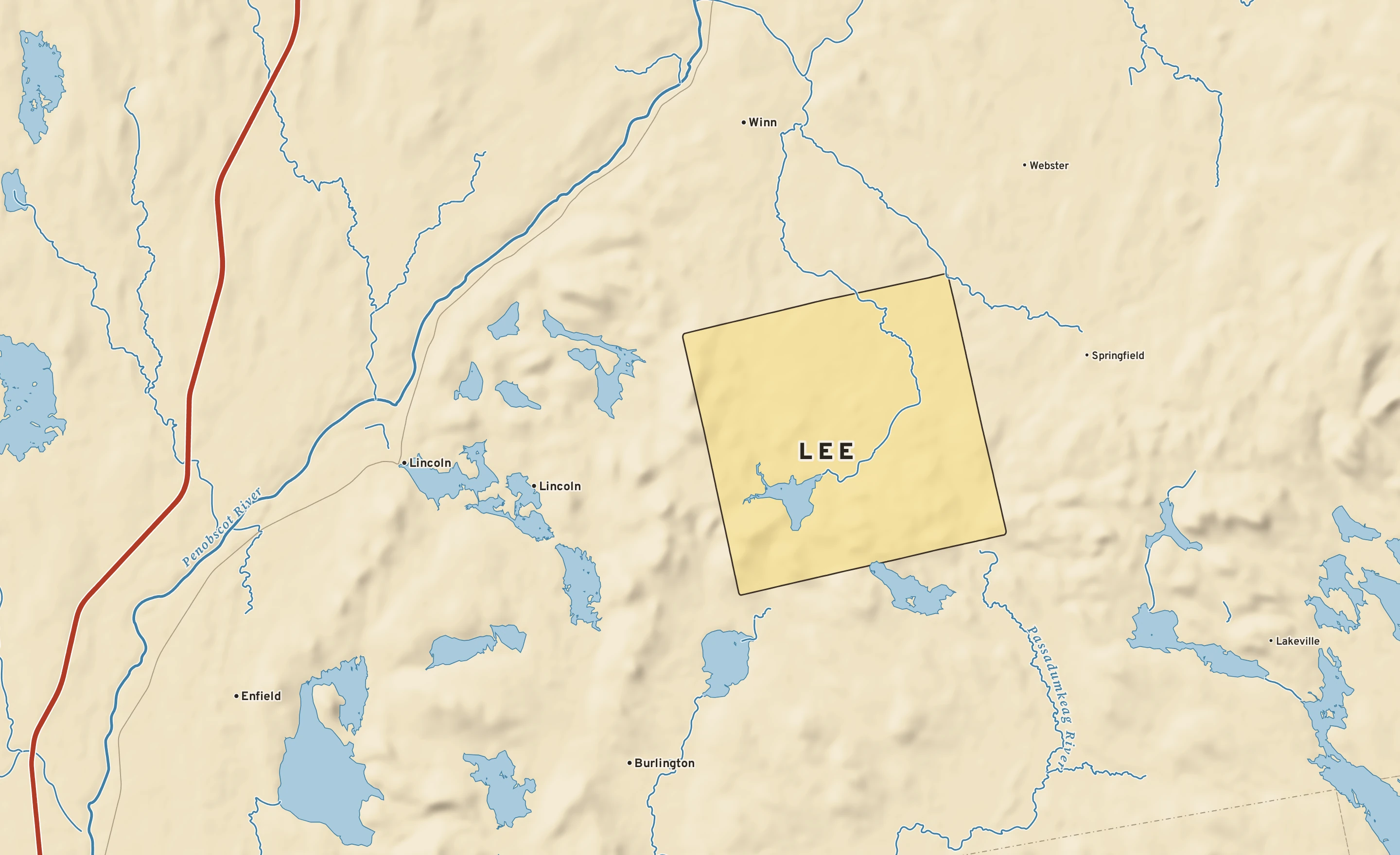 Shaded-relief atlas plate of Lee, Maine: rivers, roads, the city limits and where the water drains.