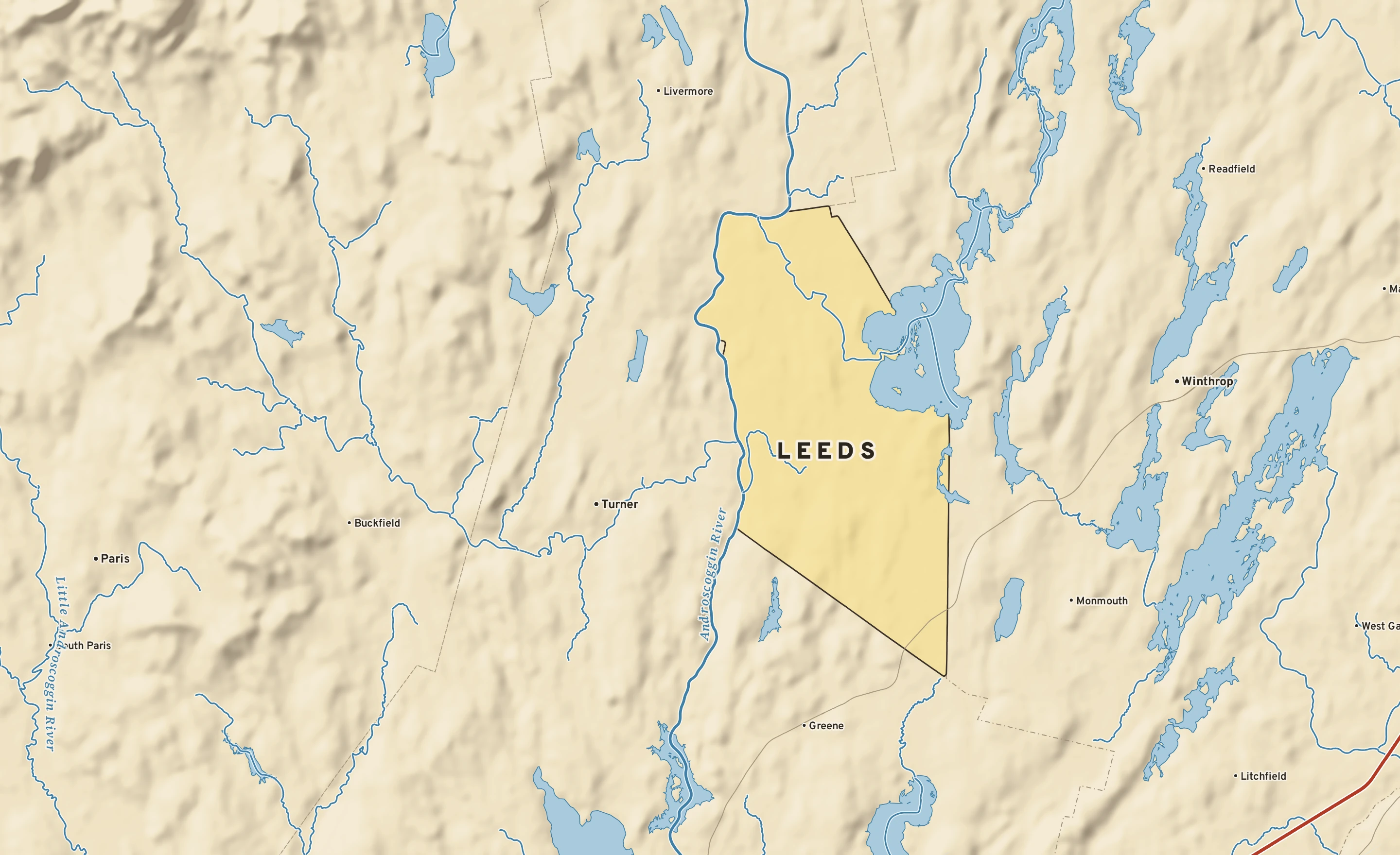 Shaded-relief atlas plate of Leeds, Maine: rivers, roads, the city limits and where the water drains.