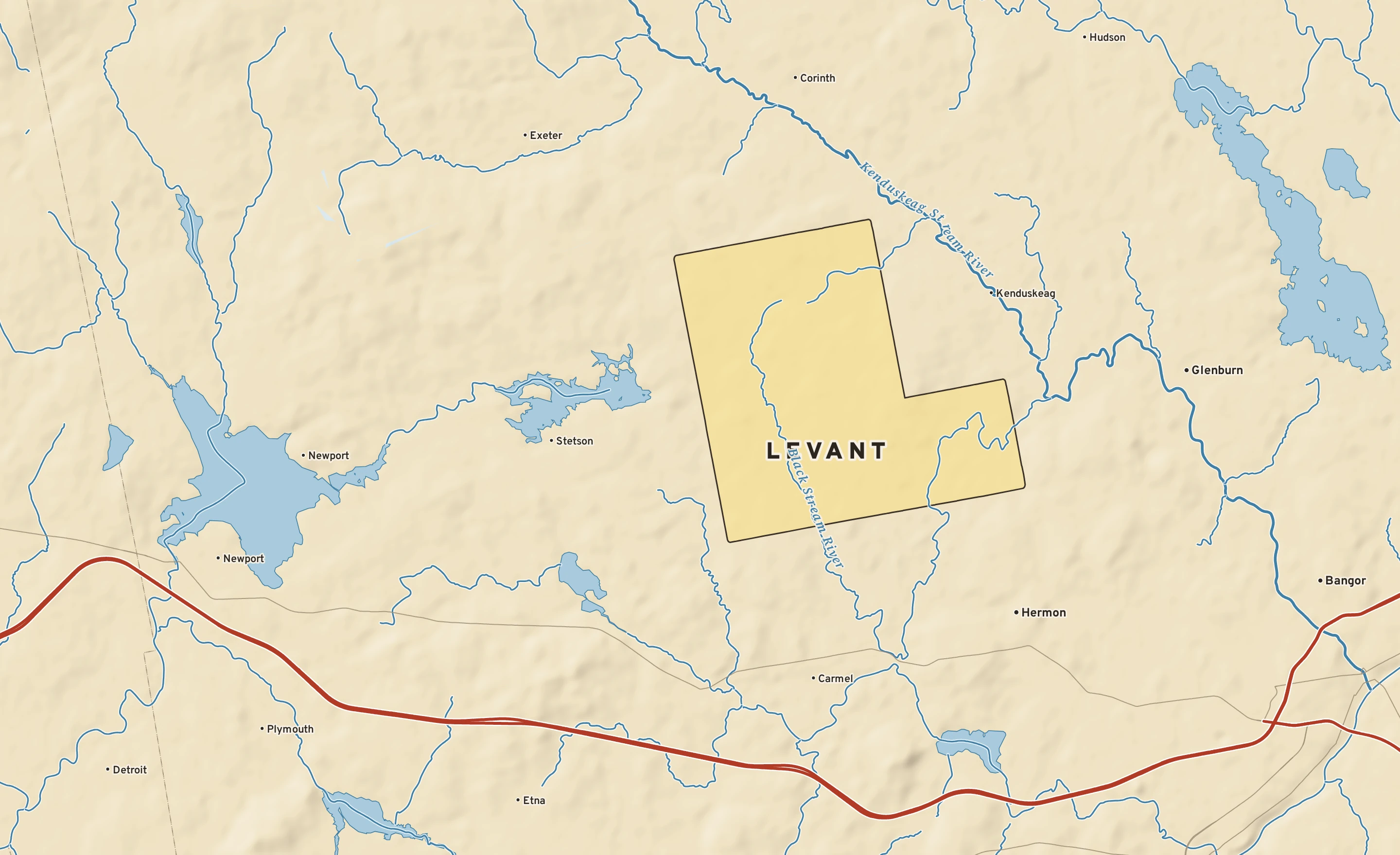 Shaded-relief atlas plate of Levant, Maine: rivers, roads, the city limits and where the water drains.