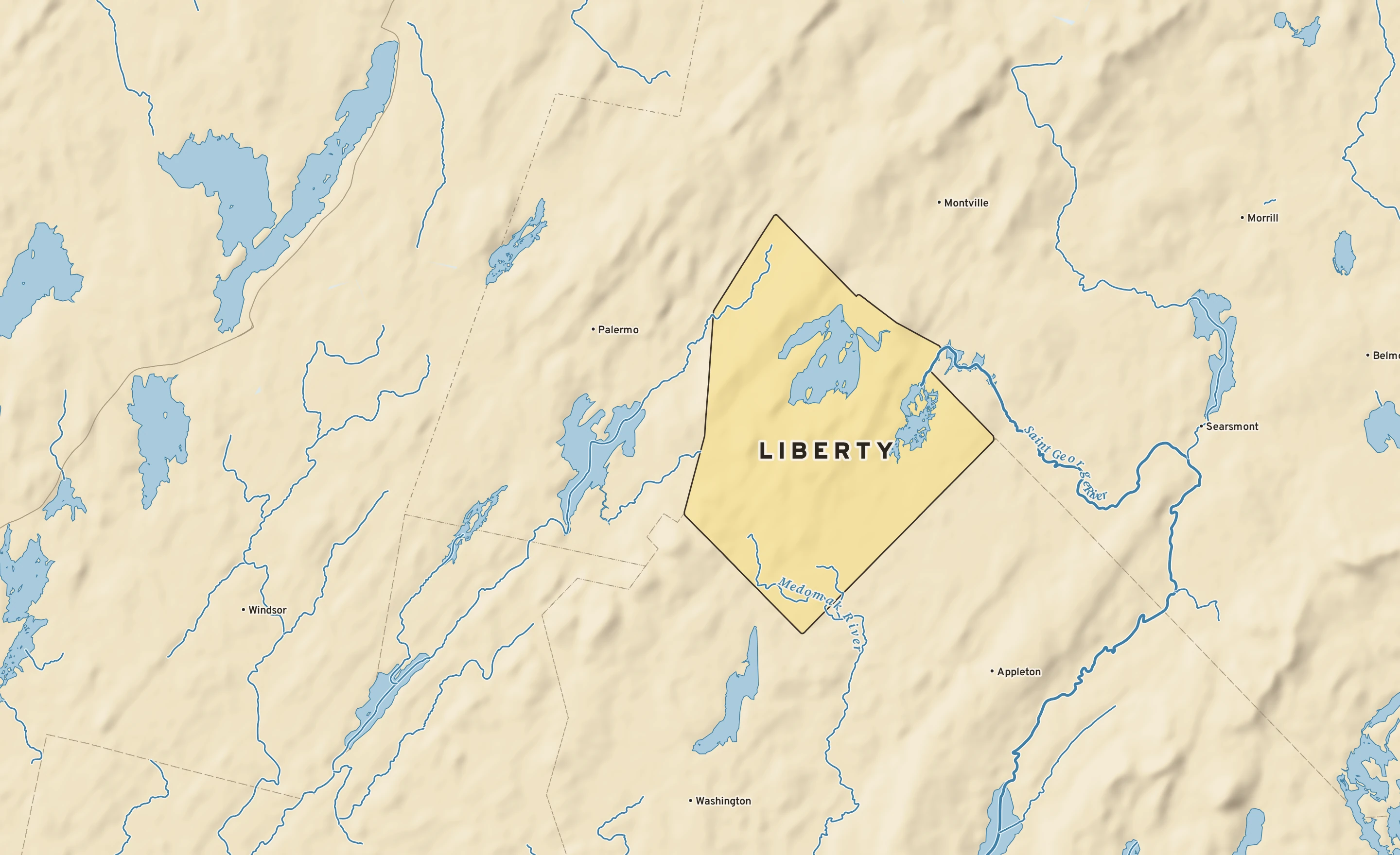 Shaded-relief atlas plate of Liberty, Maine: rivers, roads, the city limits and where the water drains.