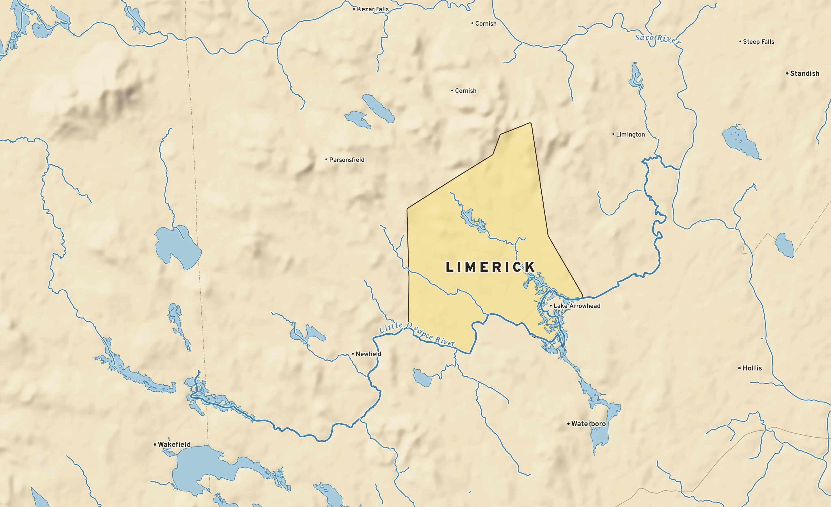 Shaded-relief atlas plate of Limerick, Maine: rivers, roads, the city limits and where the water drains.