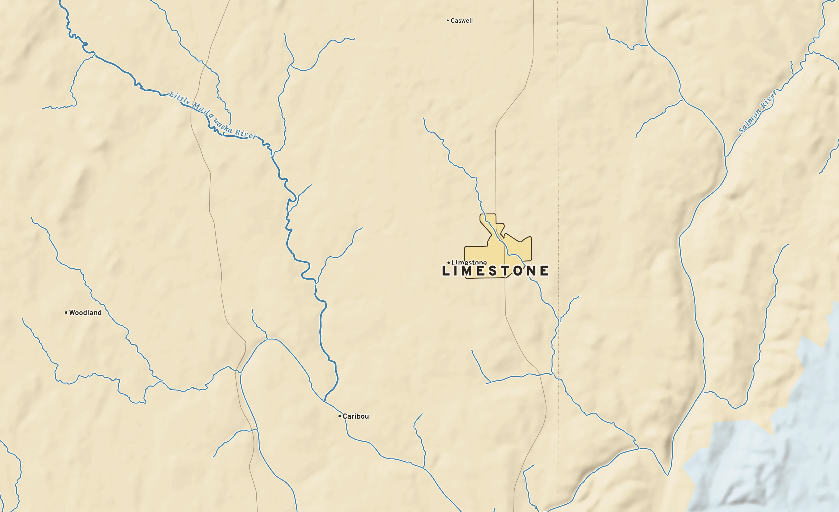 Shaded-relief atlas plate of Limestone, Maine: rivers, roads, the city limits and where the water drains.