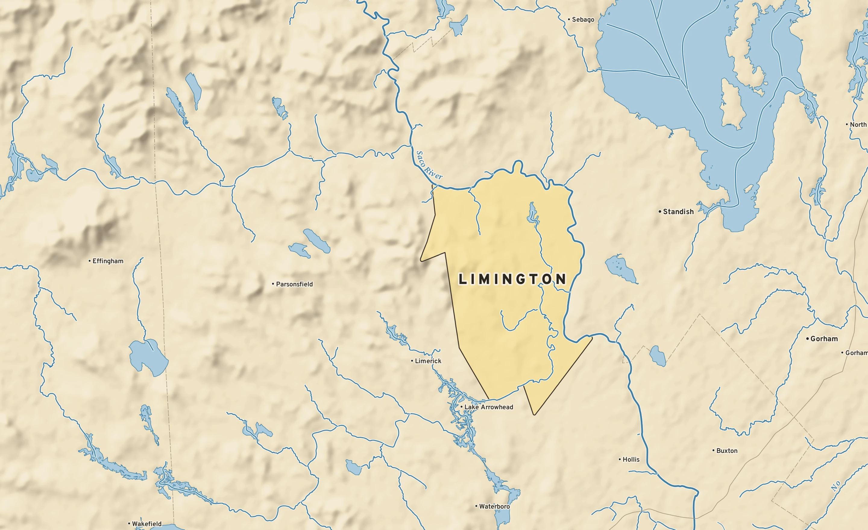 Shaded-relief atlas plate of Limington, Maine: rivers, roads, the city limits and where the water drains.