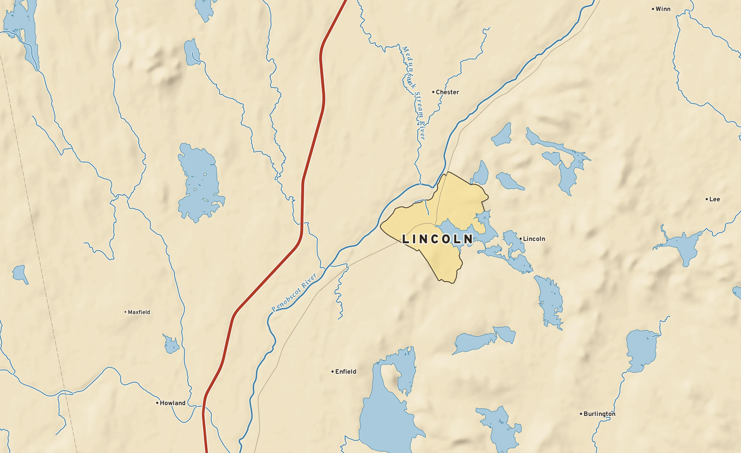 Shaded-relief atlas plate of Lincoln, Maine: rivers, roads, the city limits and where the water drains.