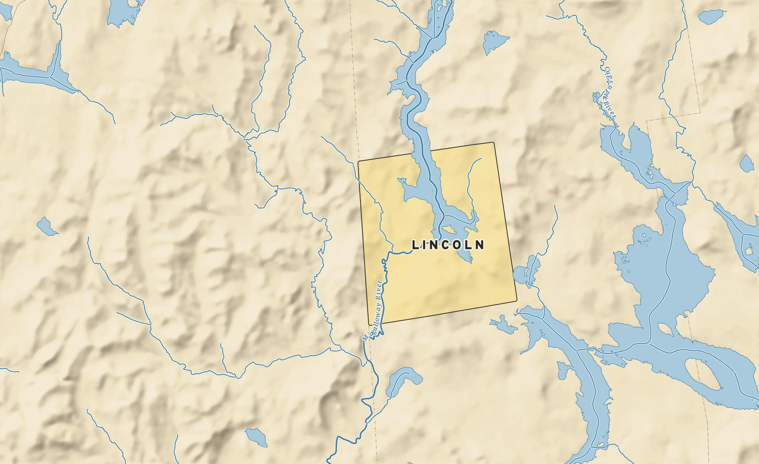 Shaded-relief atlas plate of Lincoln, Maine: rivers, roads, the city limits and where the water drains.